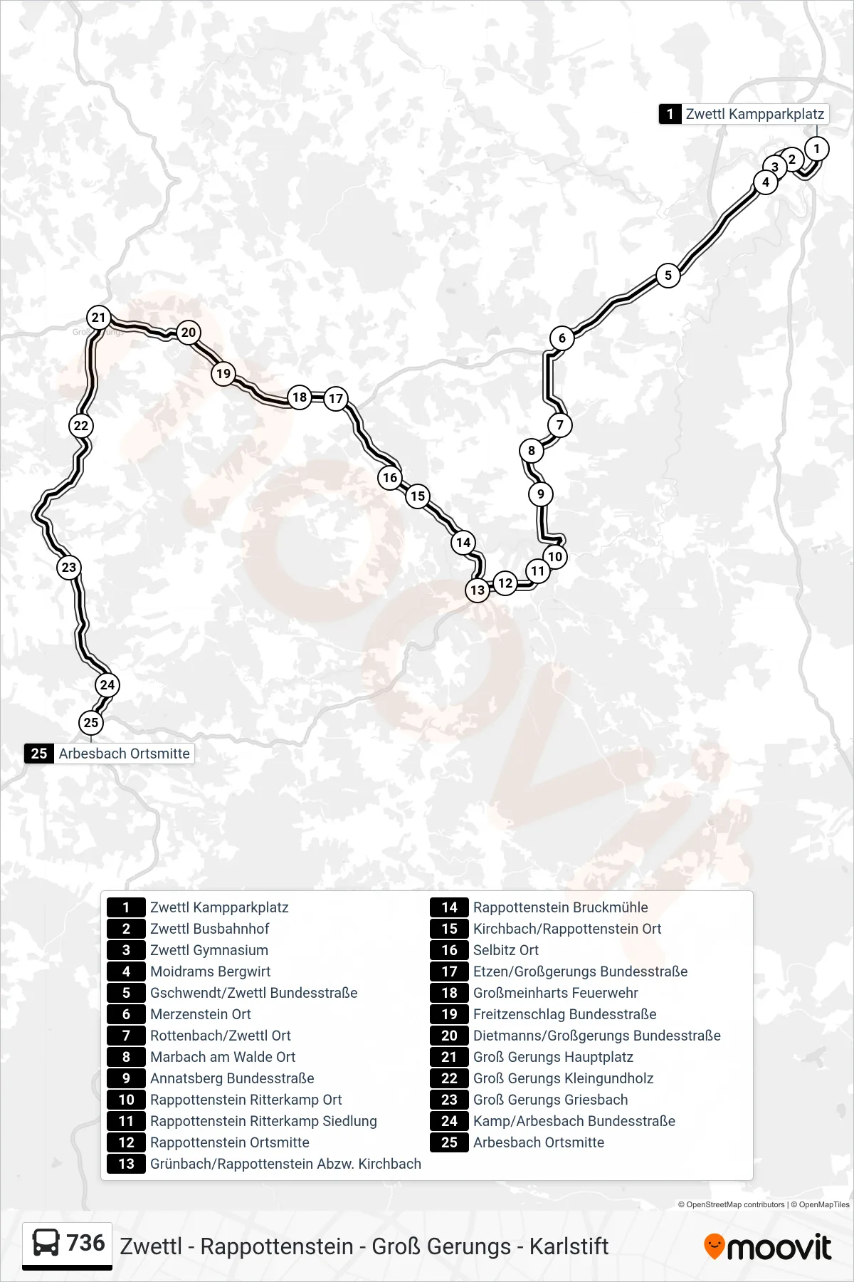 736 bus Line (Arbesbach Ortsmitte) route and stops on a map