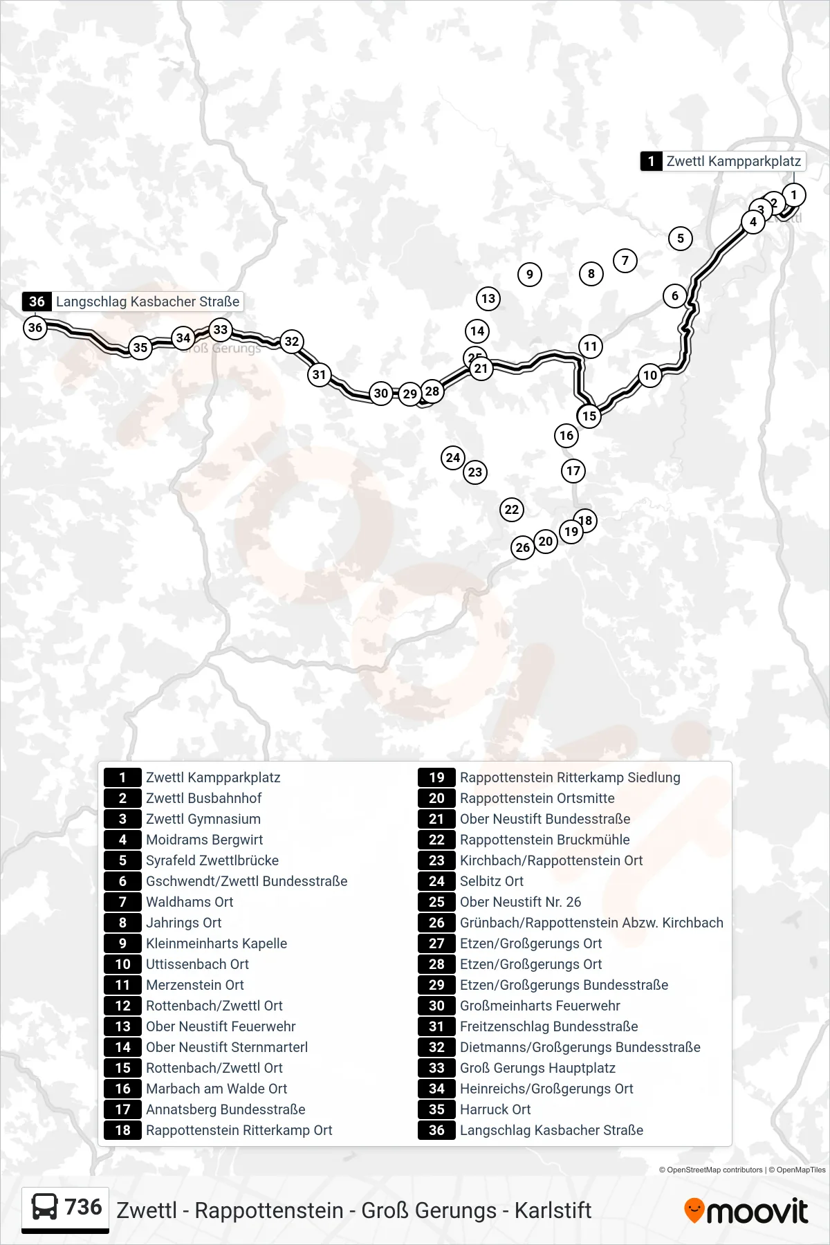 736 bus Line (Langschlag Kasbacher Straße) route and stops on a map