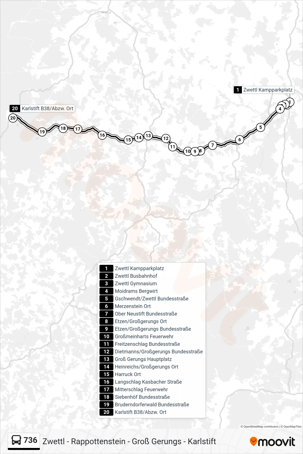 736 bus Line (Karlstift B38/Abzw. Ort) route and stops on a map