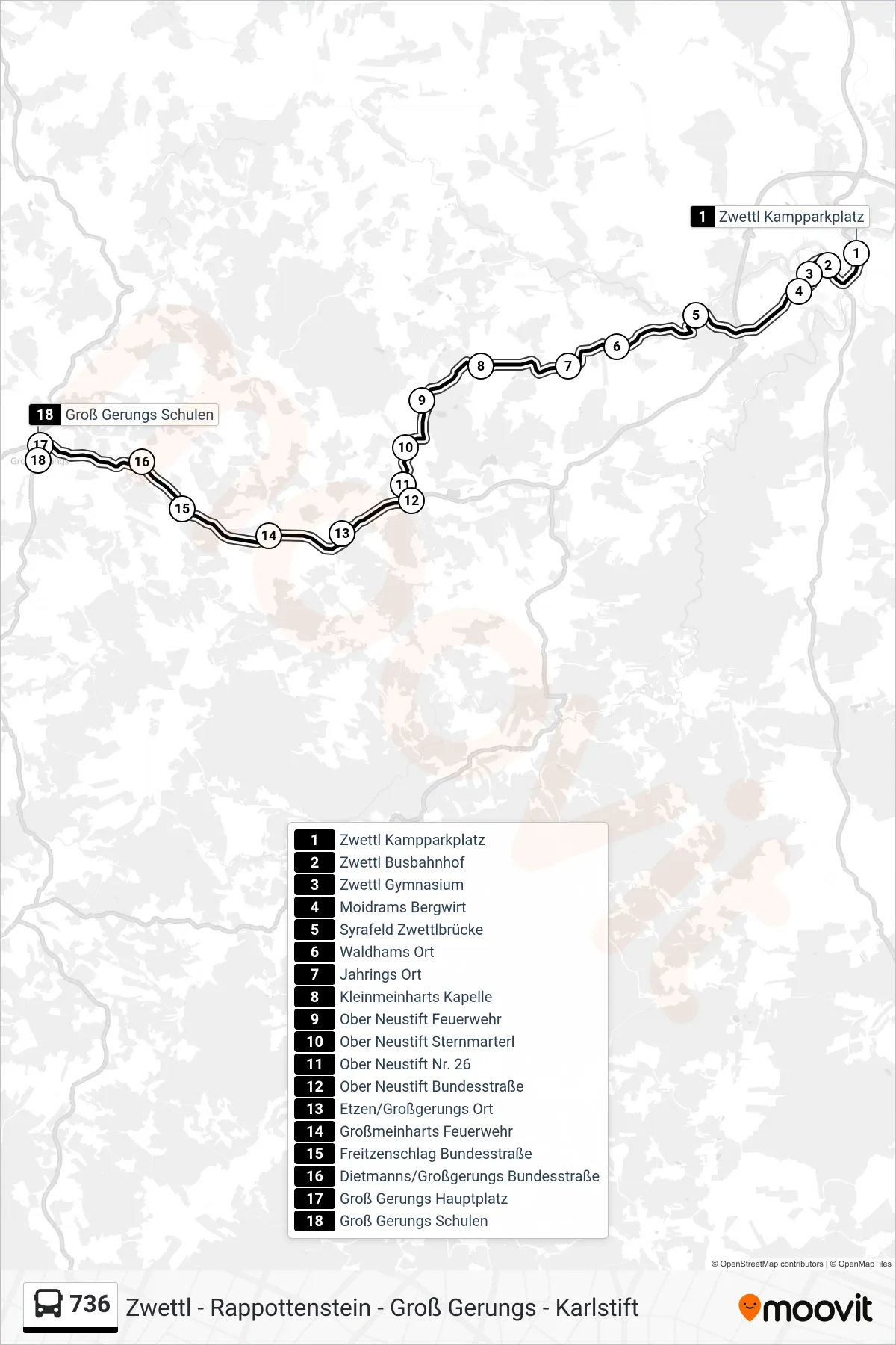 736 bus Line (Groß Gerungs Schulen) route and stops on a map