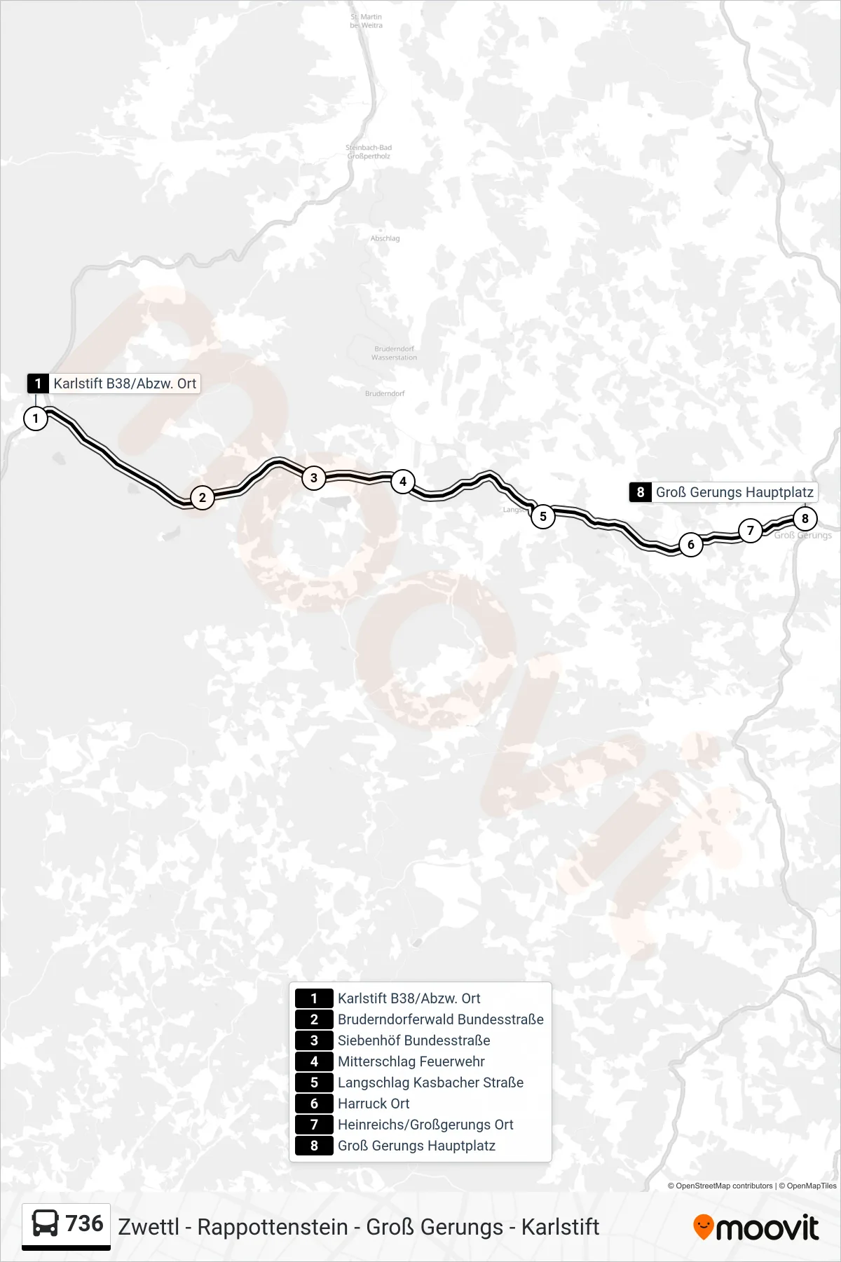 736 bus Line (Groß Gerungs Hauptplatz) route and stops on a map