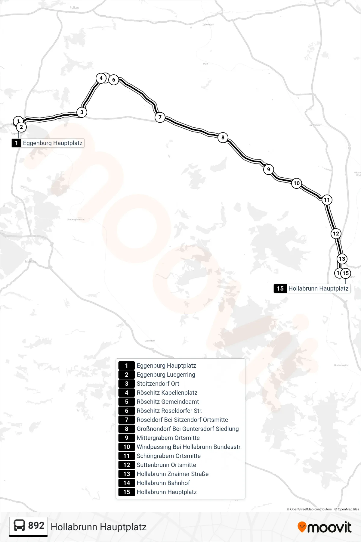 Linie 892 (Bus) Richtung Hollabrunn Hauptplatz: Route und Haltestellen auf der Karte