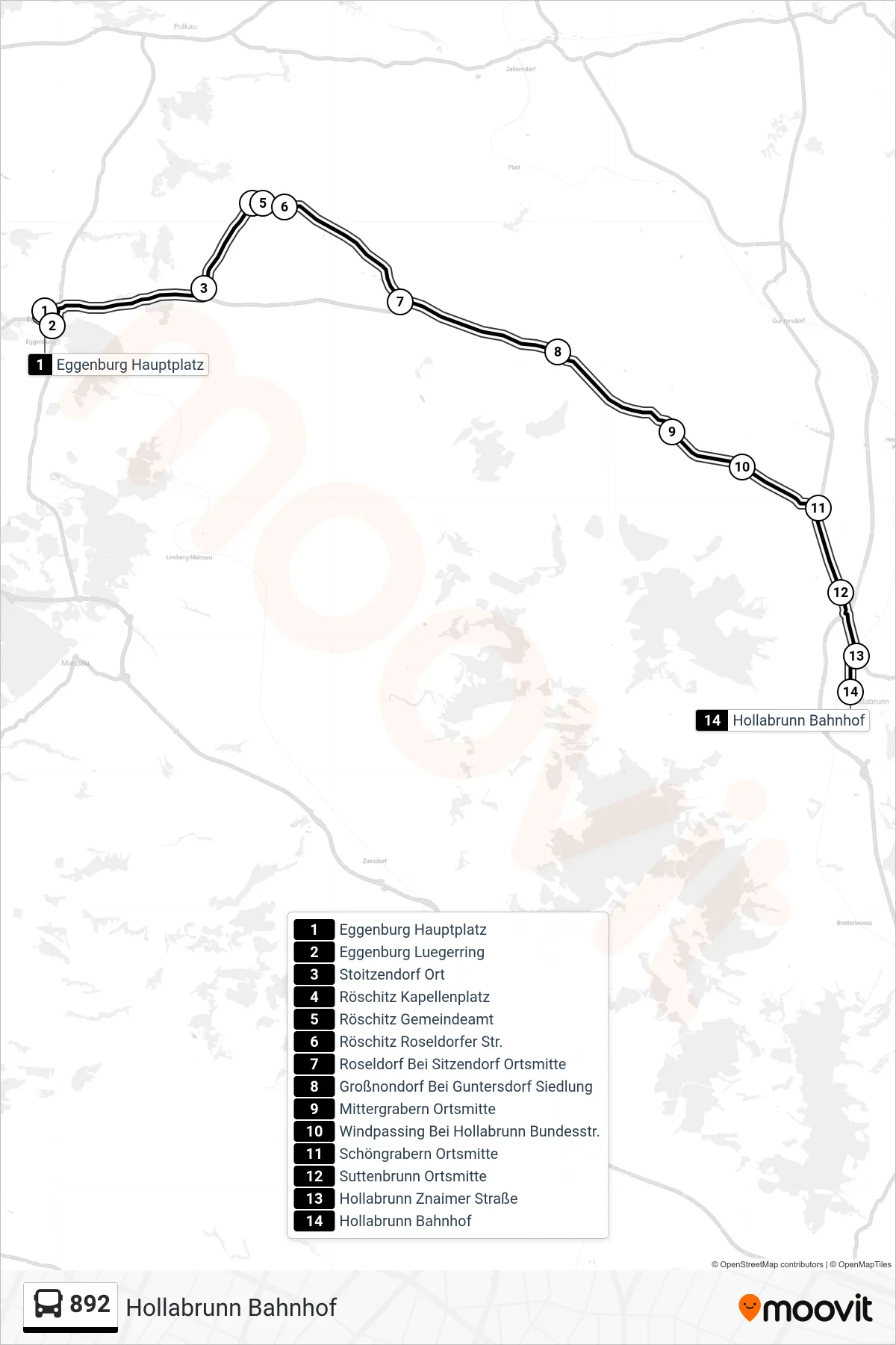 892 bus Line (Hollabrunn Bahnhof) route and stops on a map