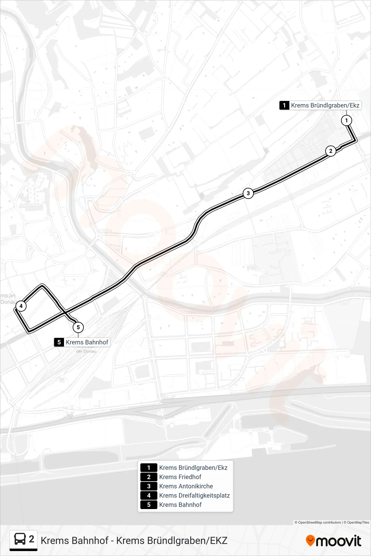 Linie 2 (Bus) Richtung Krems Bahnhof: Route und Haltestellen auf der Karte