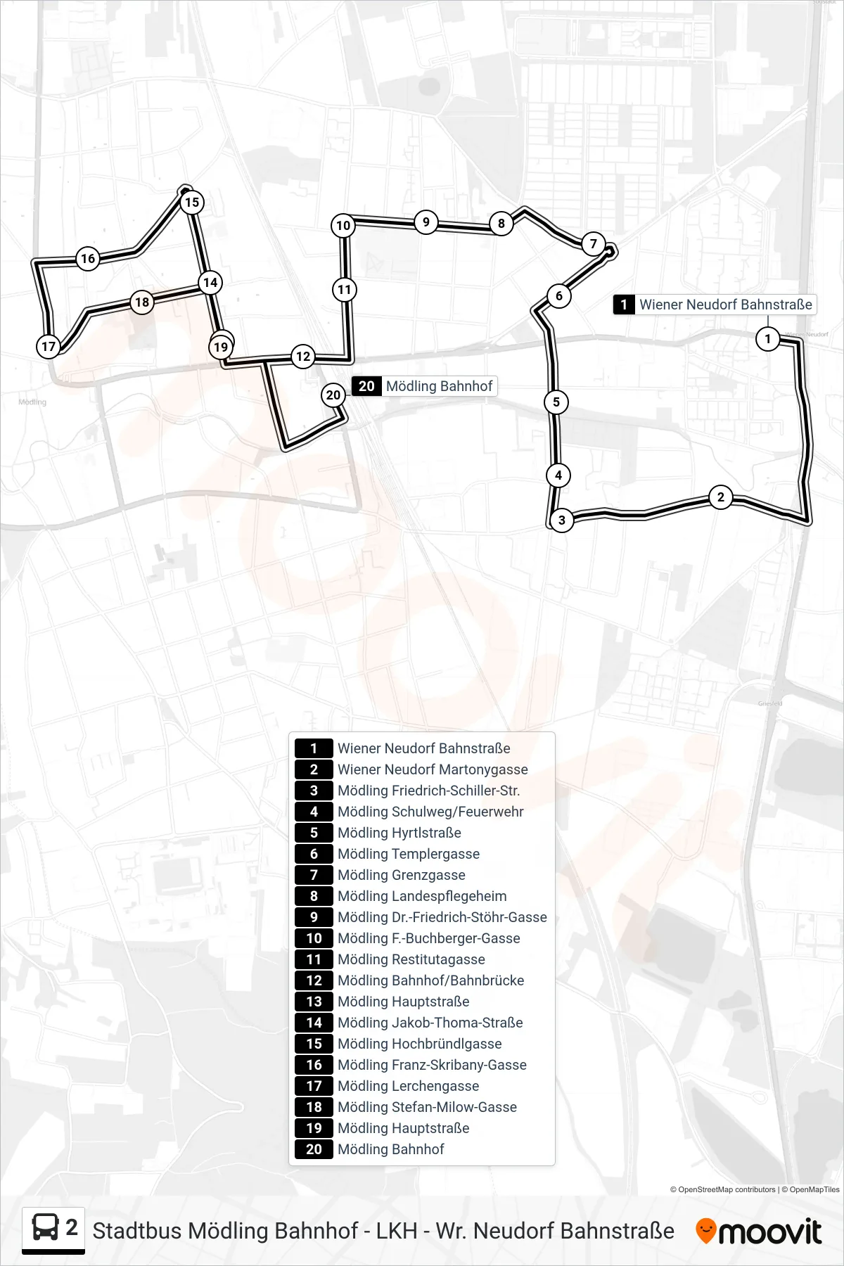 2 bus Line (Mödling Bahnhof) route and stops on a map