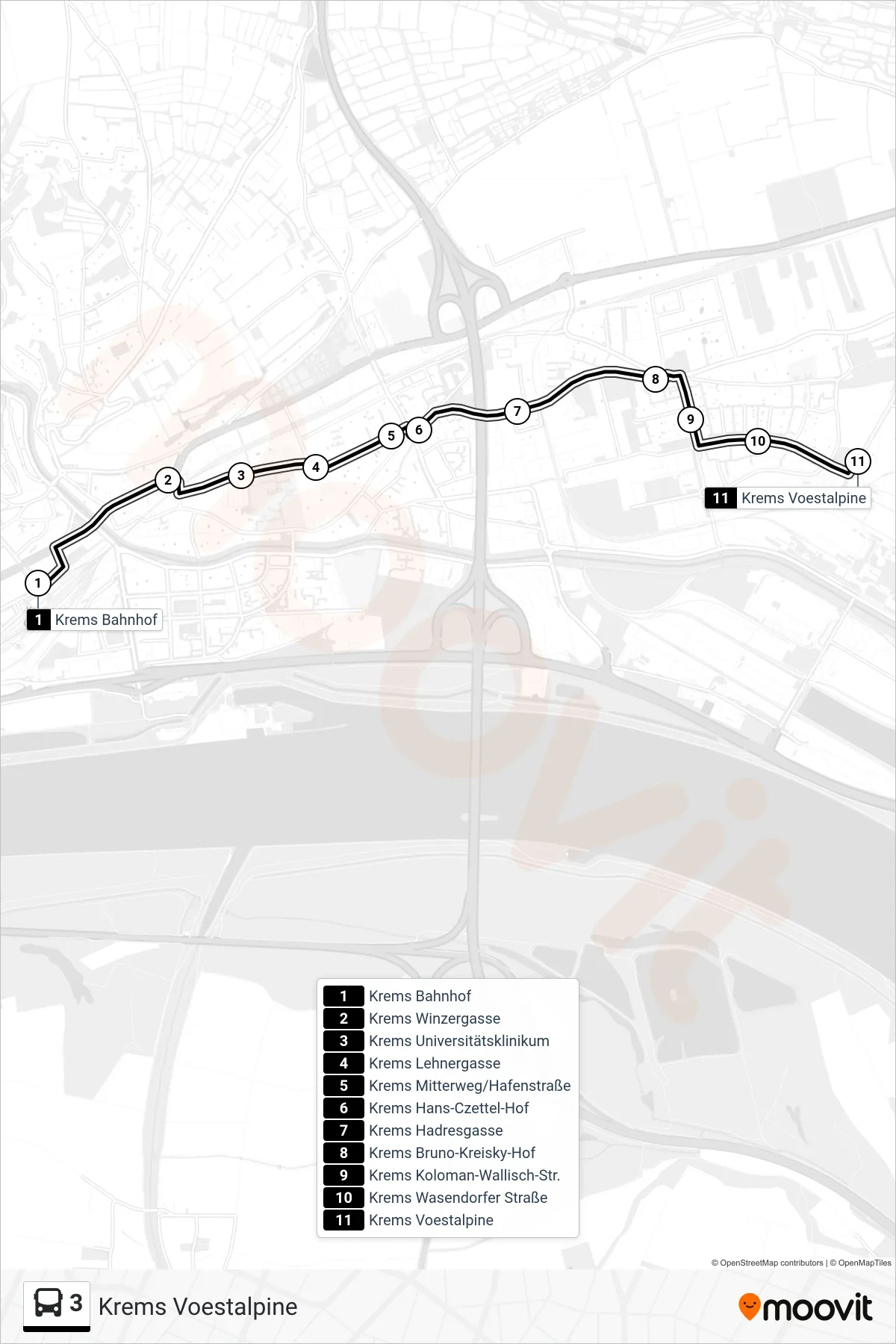 3 bus Line (Krems Voestalpine) route and stops on a map