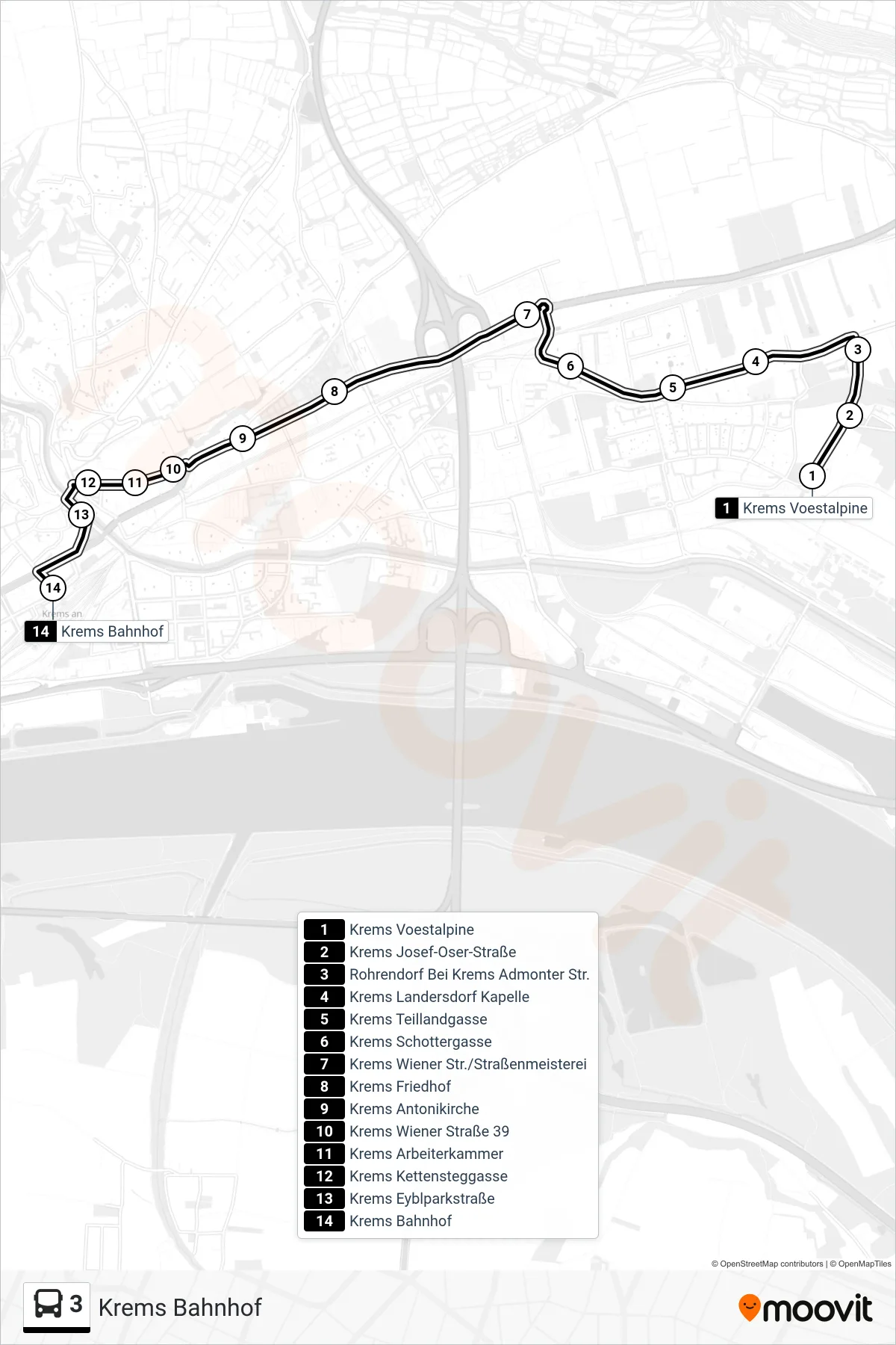 Linie 3 (Bus) Richtung Krems Bahnhof: Route und Haltestellen auf der Karte