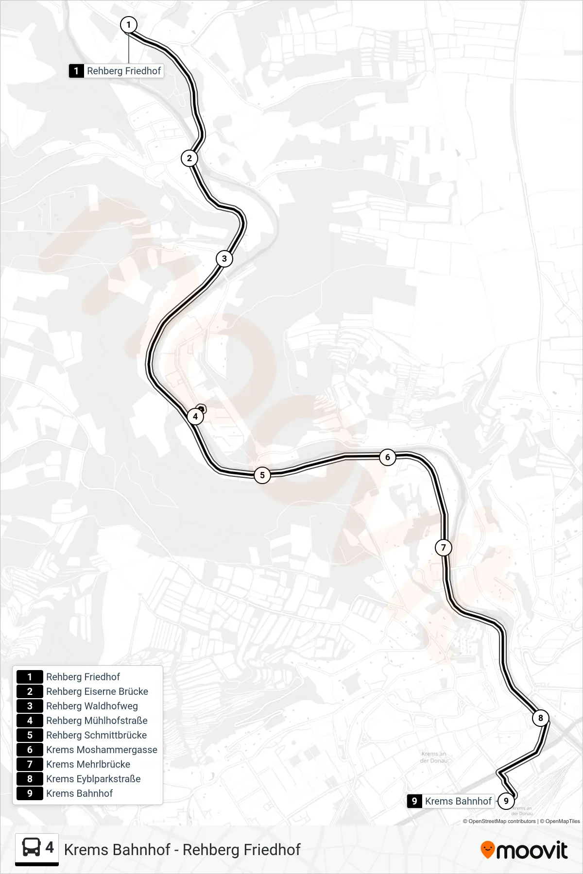 Linie 4 (Bus) Richtung Krems Bahnhof: Route und Haltestellen auf der Karte