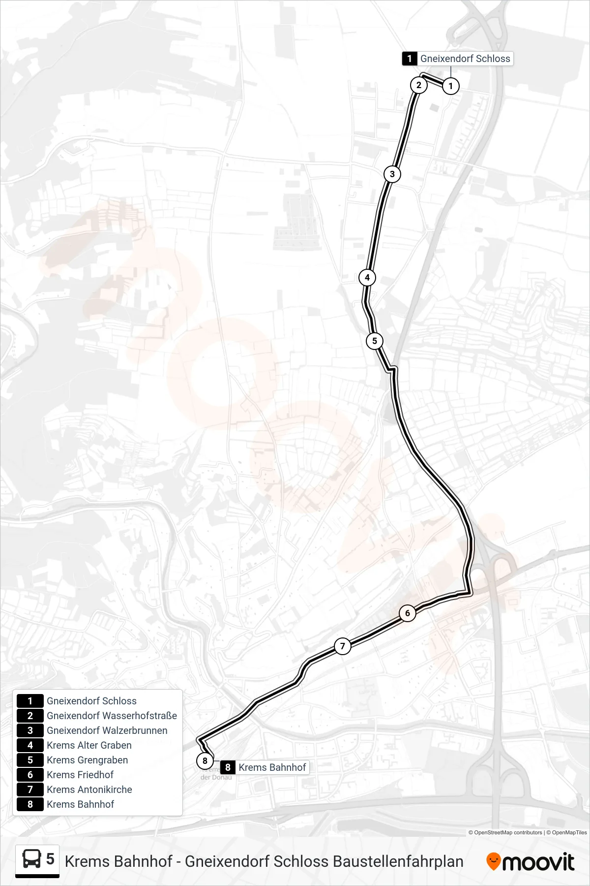 5 bus Line (Krems Bahnhof) route and stops on a map