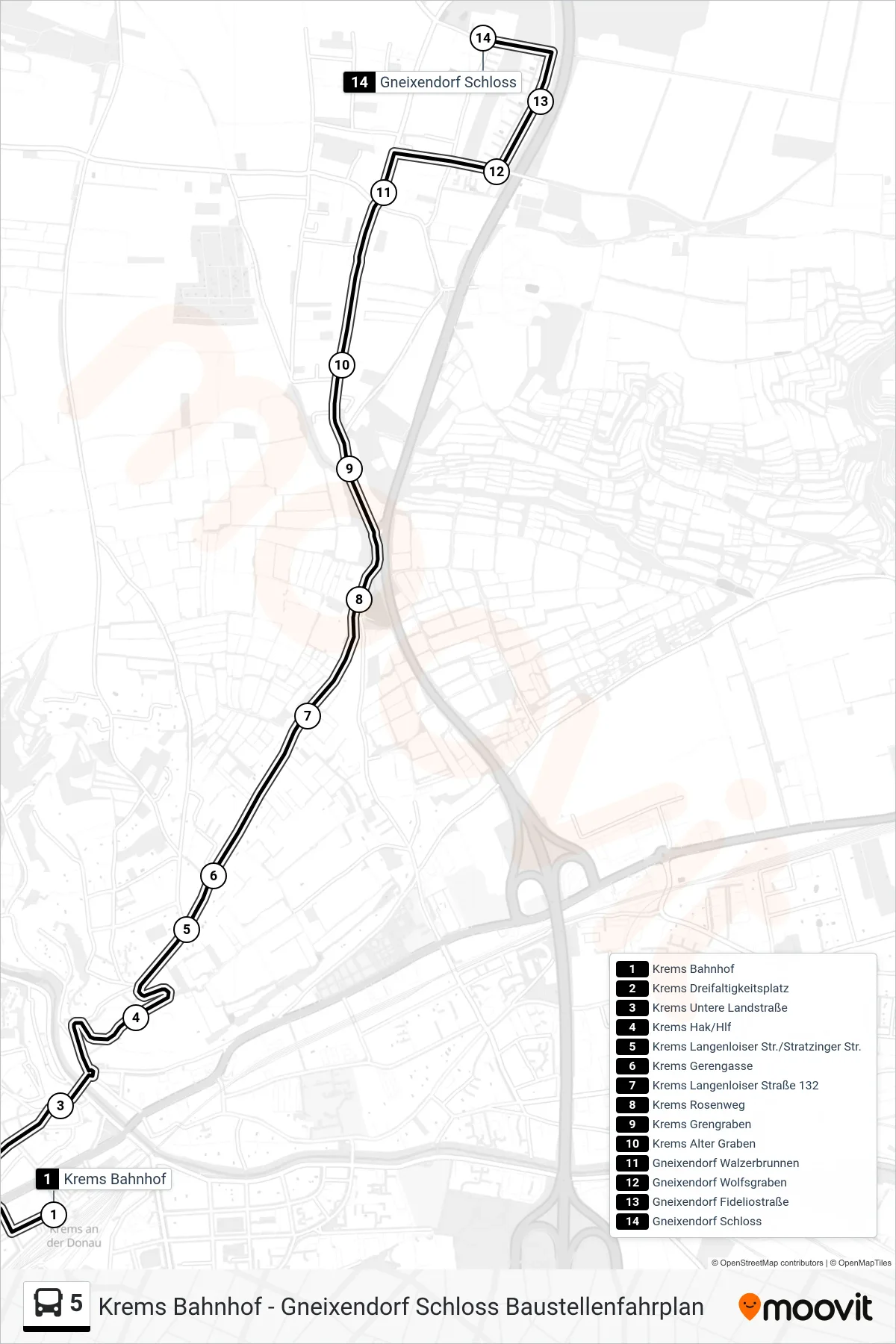 Linie 5 (Bus) Richtung Gneixendorf Schloss: Route und Haltestellen auf der Karte