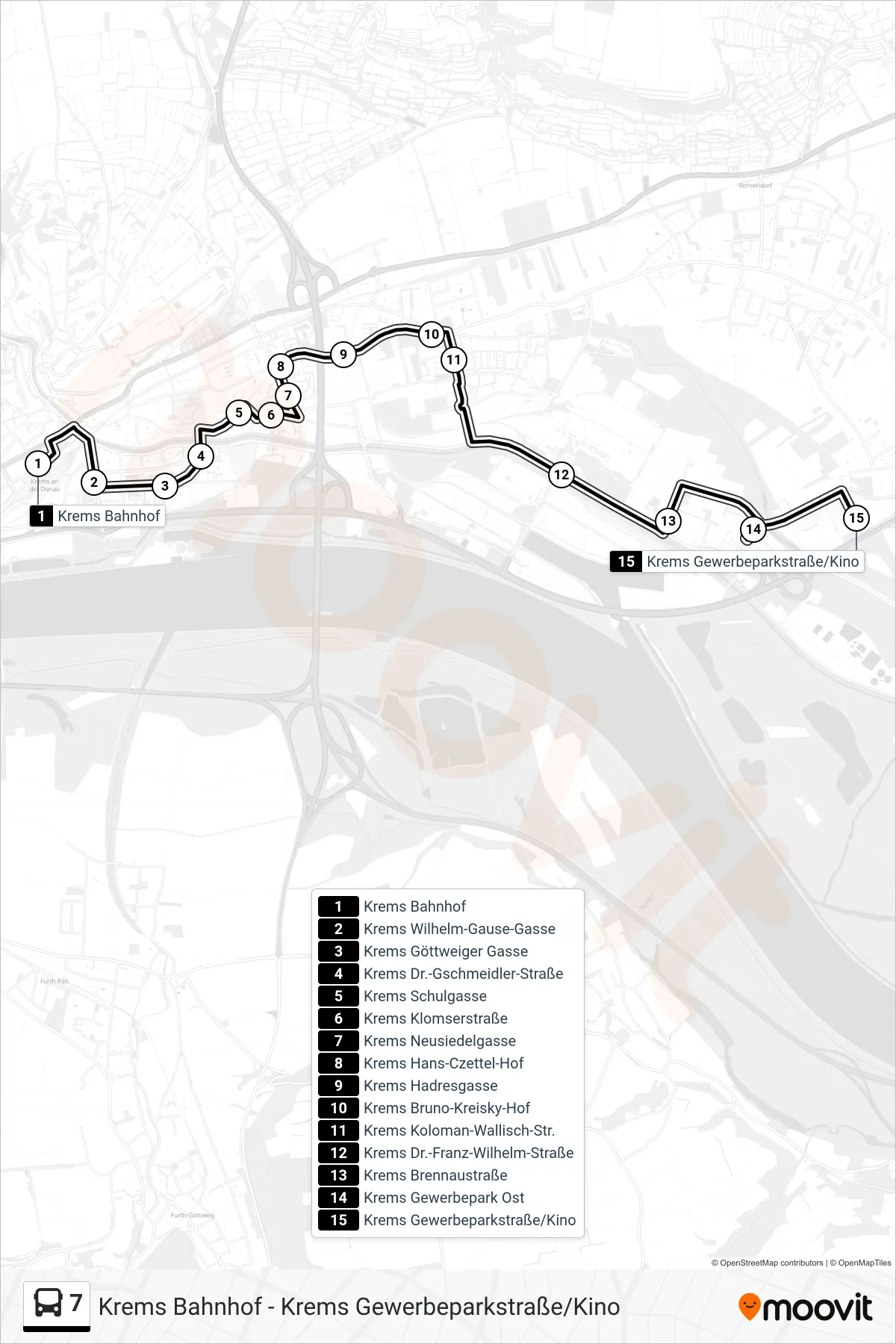 Linie 7 (Bus) Richtung Krems Gewerbeparkstraße/Kino: Route und Haltestellen auf der Karte