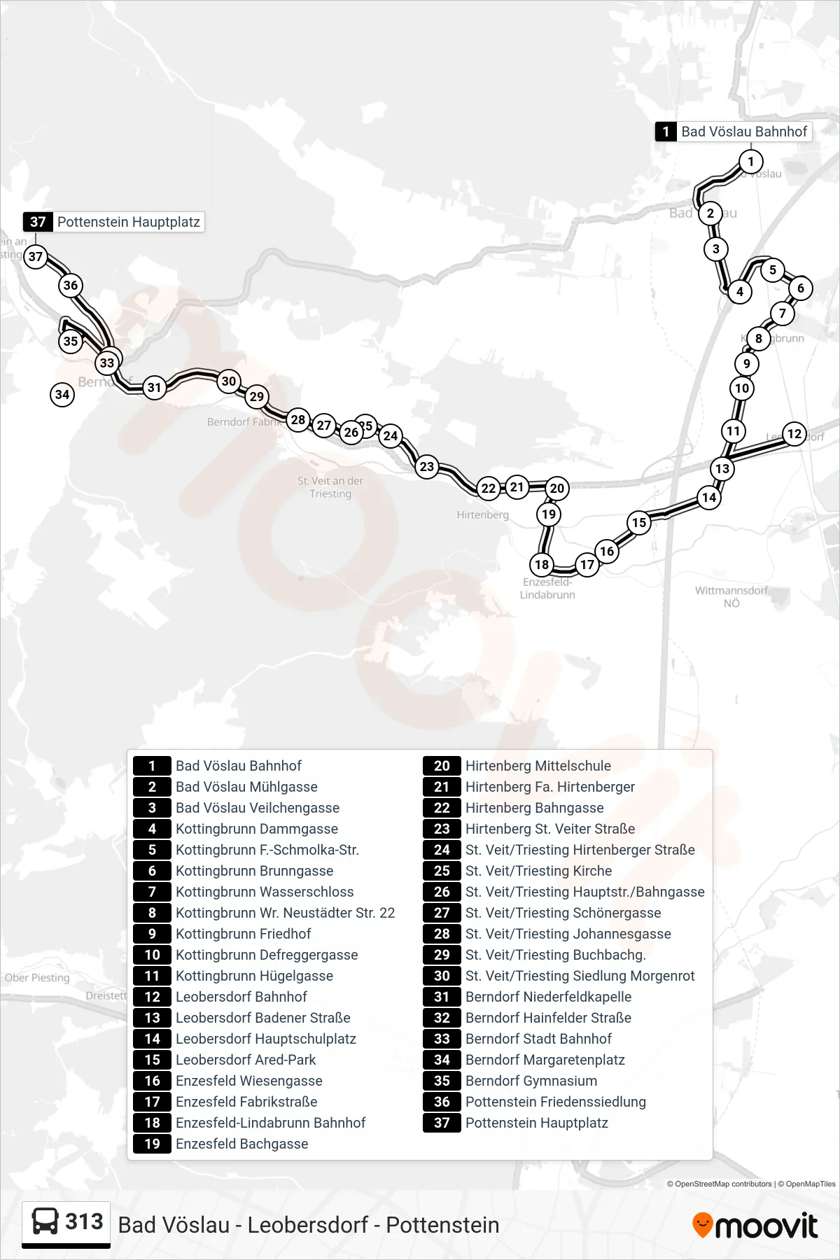 313 bus Line (Pottenstein Hauptplatz) route and stops on a map