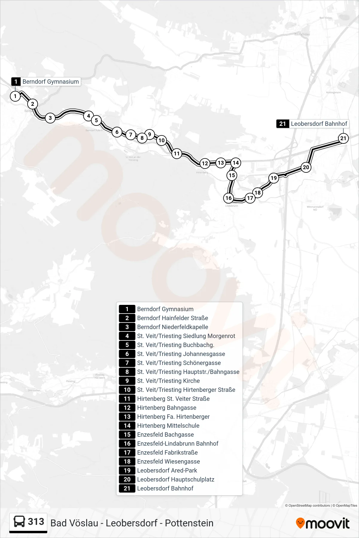 313 bus Line (Leobersdorf Bahnhof) route and stops on a map