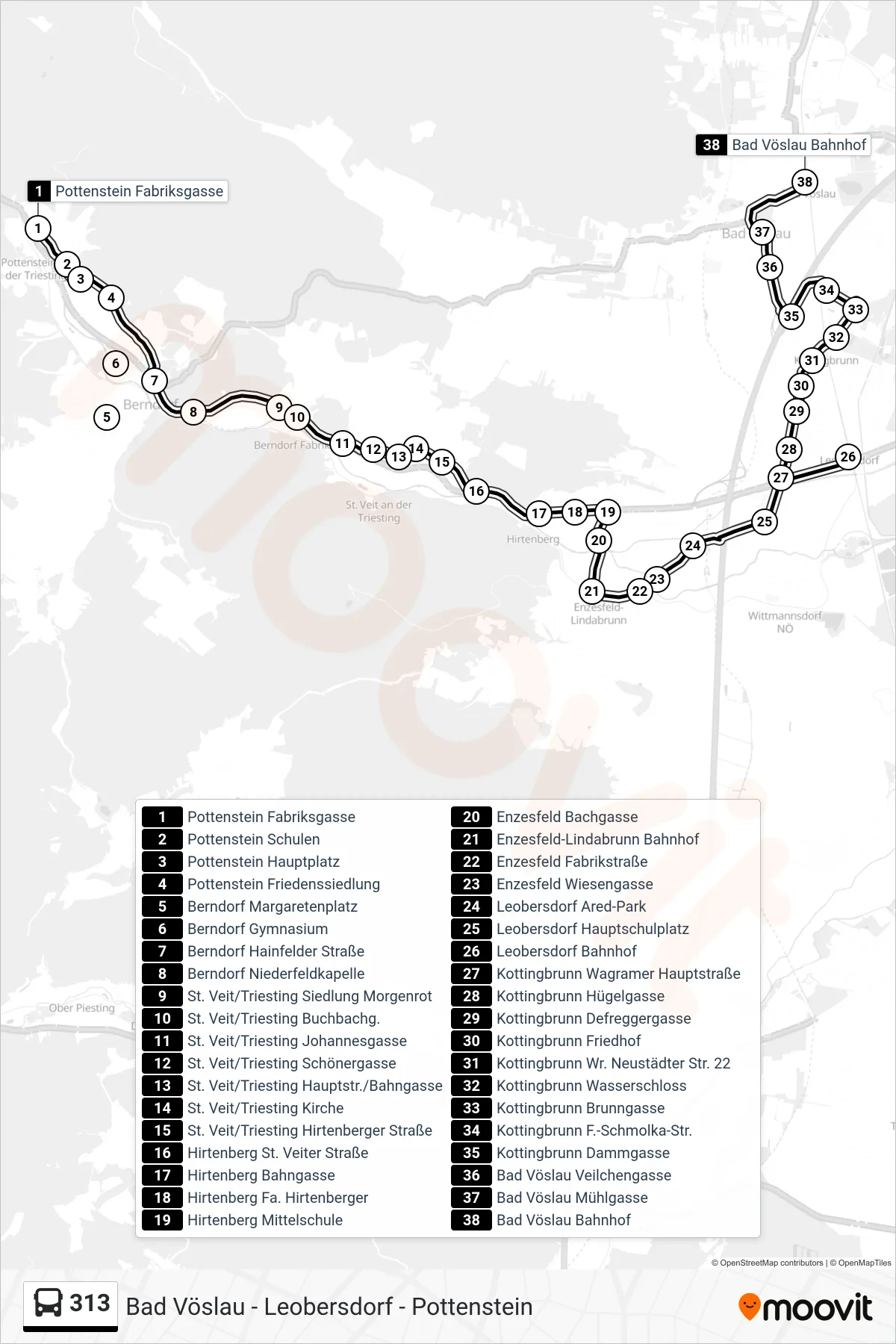 313 bus Line (Bad Vöslau Bahnhof) route and stops on a map