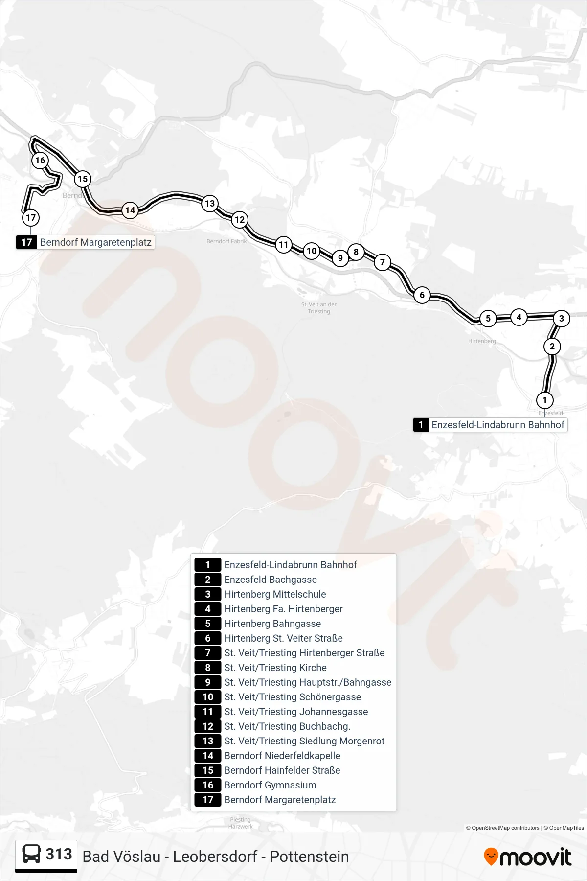 Linie 313 (Bus) Richtung Berndorf Margaretenplatz: Route und Haltestellen auf der Karte