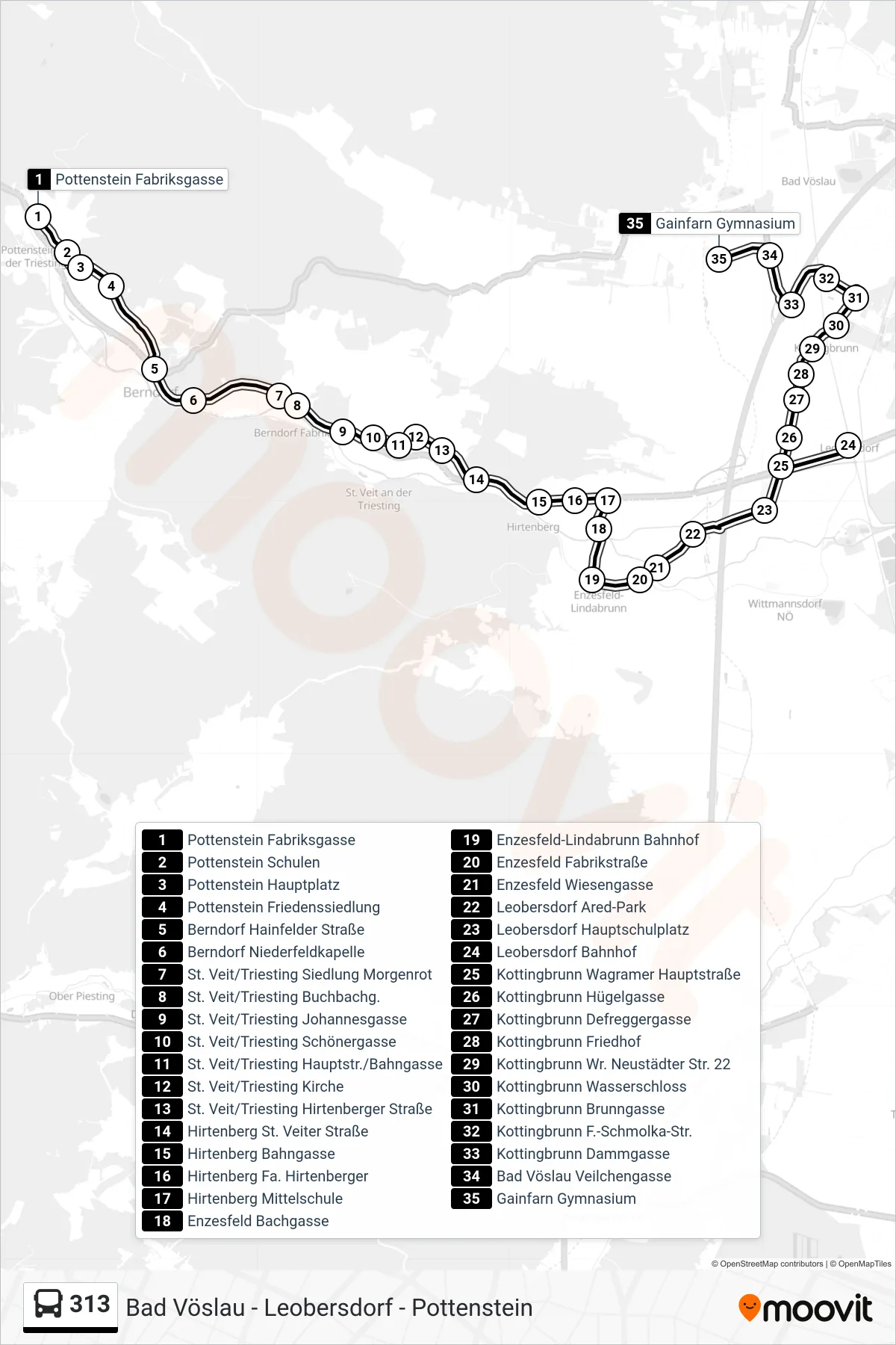 313 bus Line (Gainfarn Gymnasium) route and stops on a map