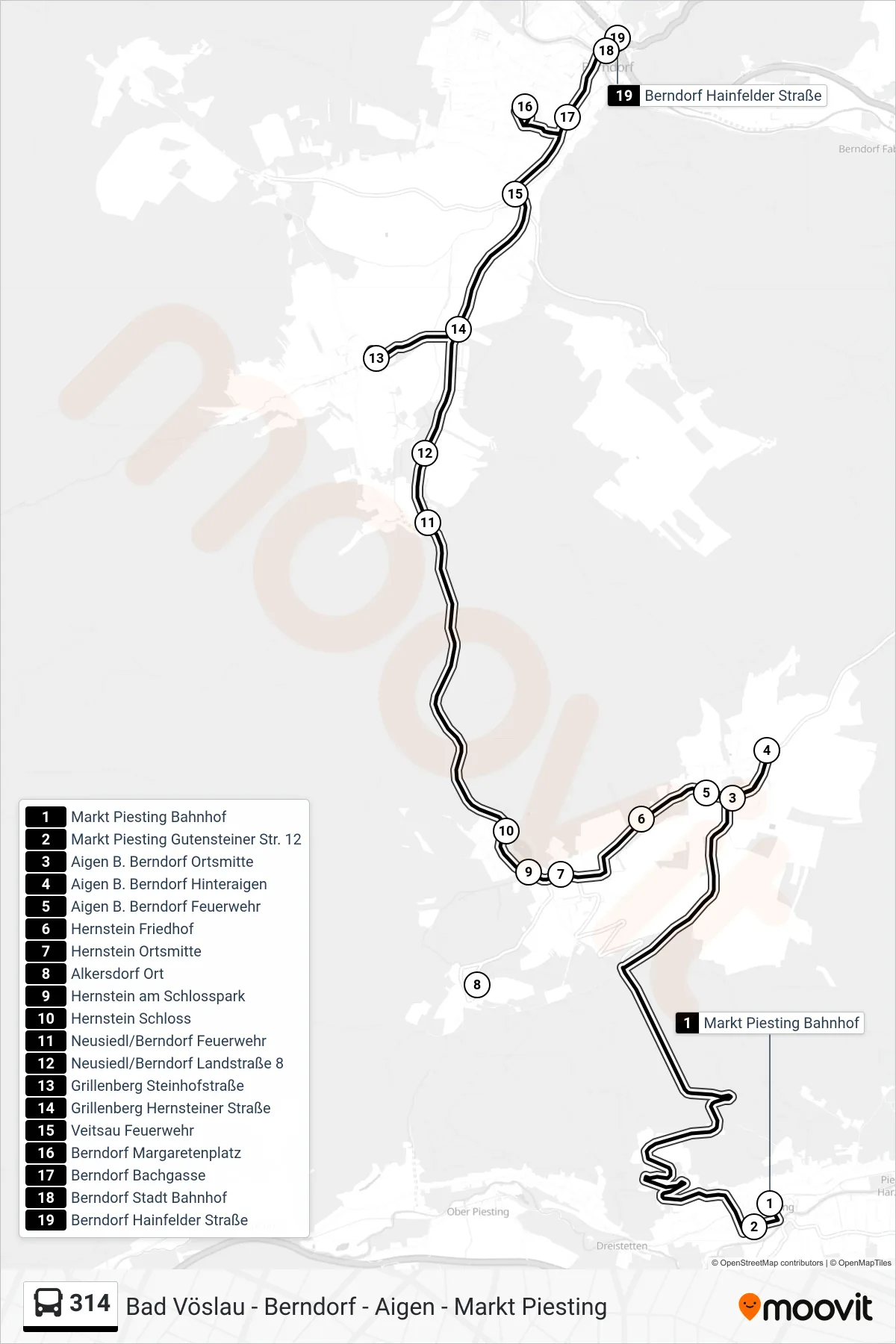 Linie 314 (Bus) Richtung Berndorf Hainfelder Straße: Route und Haltestellen auf der Karte
