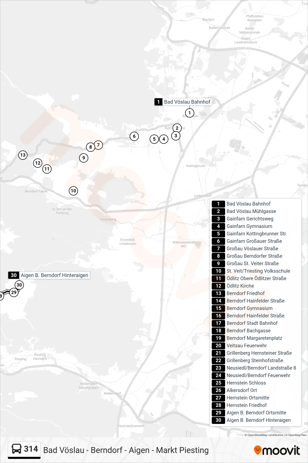 314 bus Line (Aigen B. Berndorf Hinteraigen) route and stops on a map