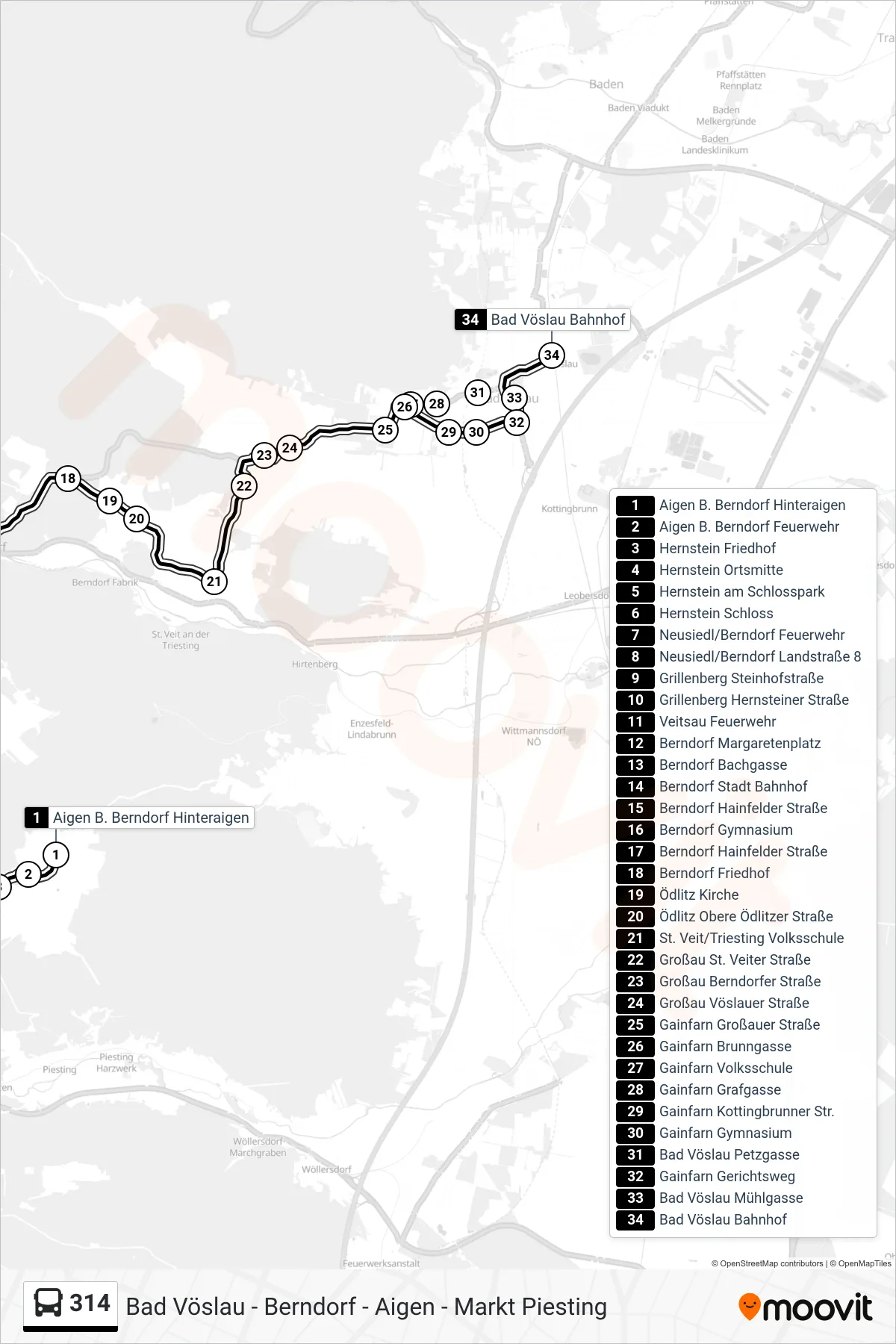 314 bus Line (Bad Vöslau Bahnhof) route and stops on a map