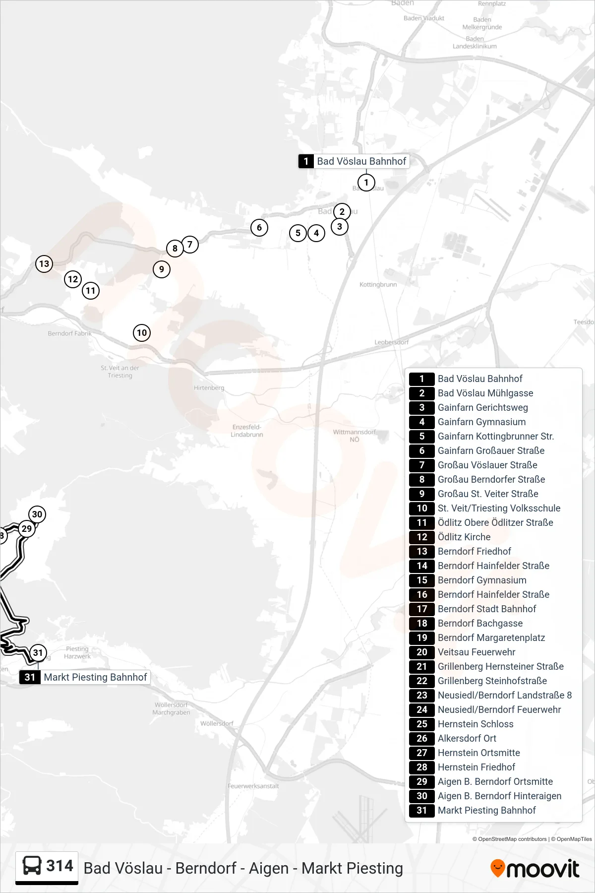 314 bus Line (Markt Piesting Bahnhof) route and stops on a map