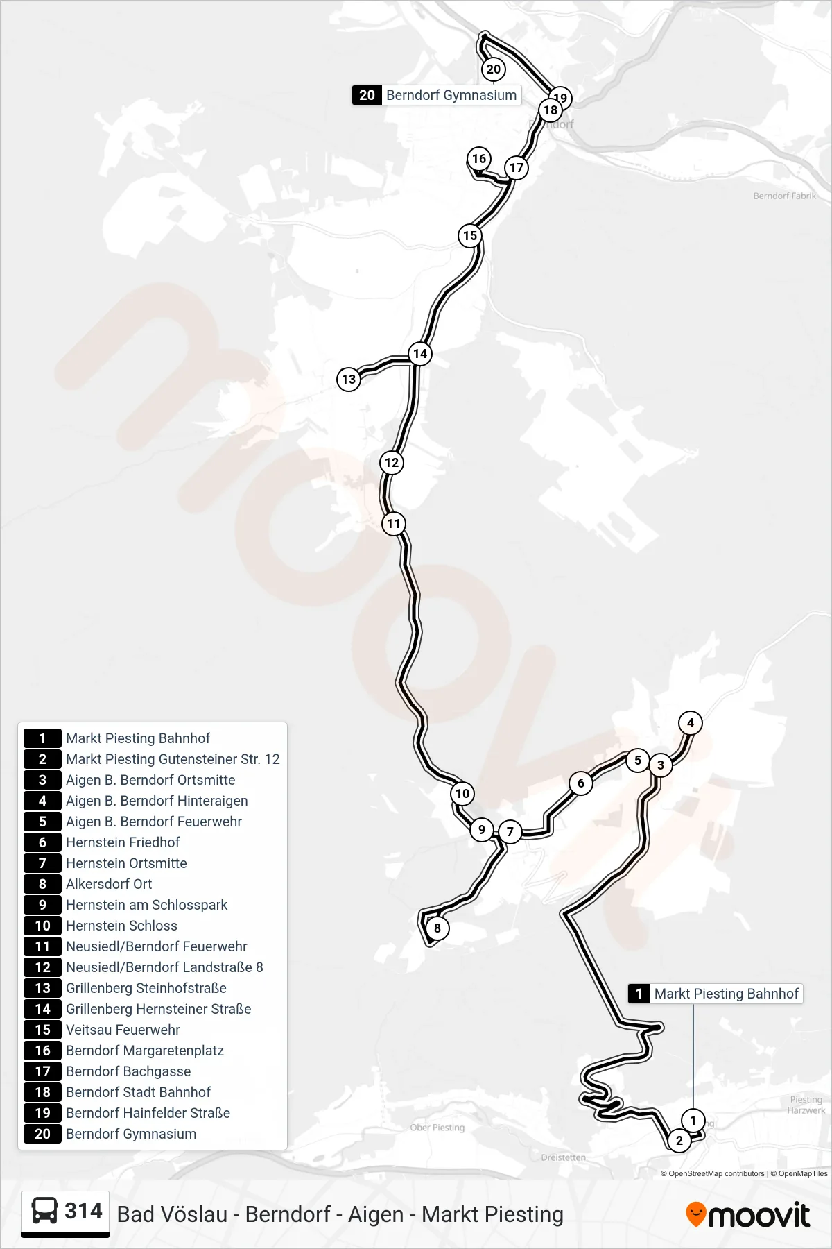 Linie 314 (Bus) Richtung Berndorf Gymnasium: Route und Haltestellen auf der Karte