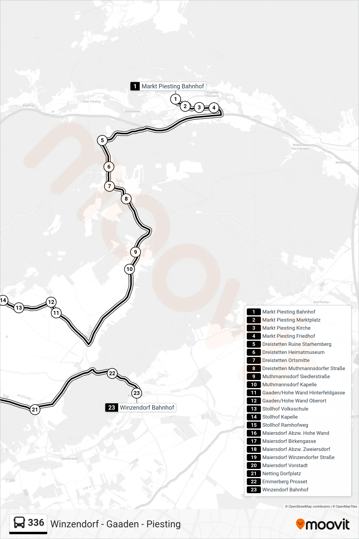 336 bus Line (Winzendorf Bahnhof) route and stops on a map