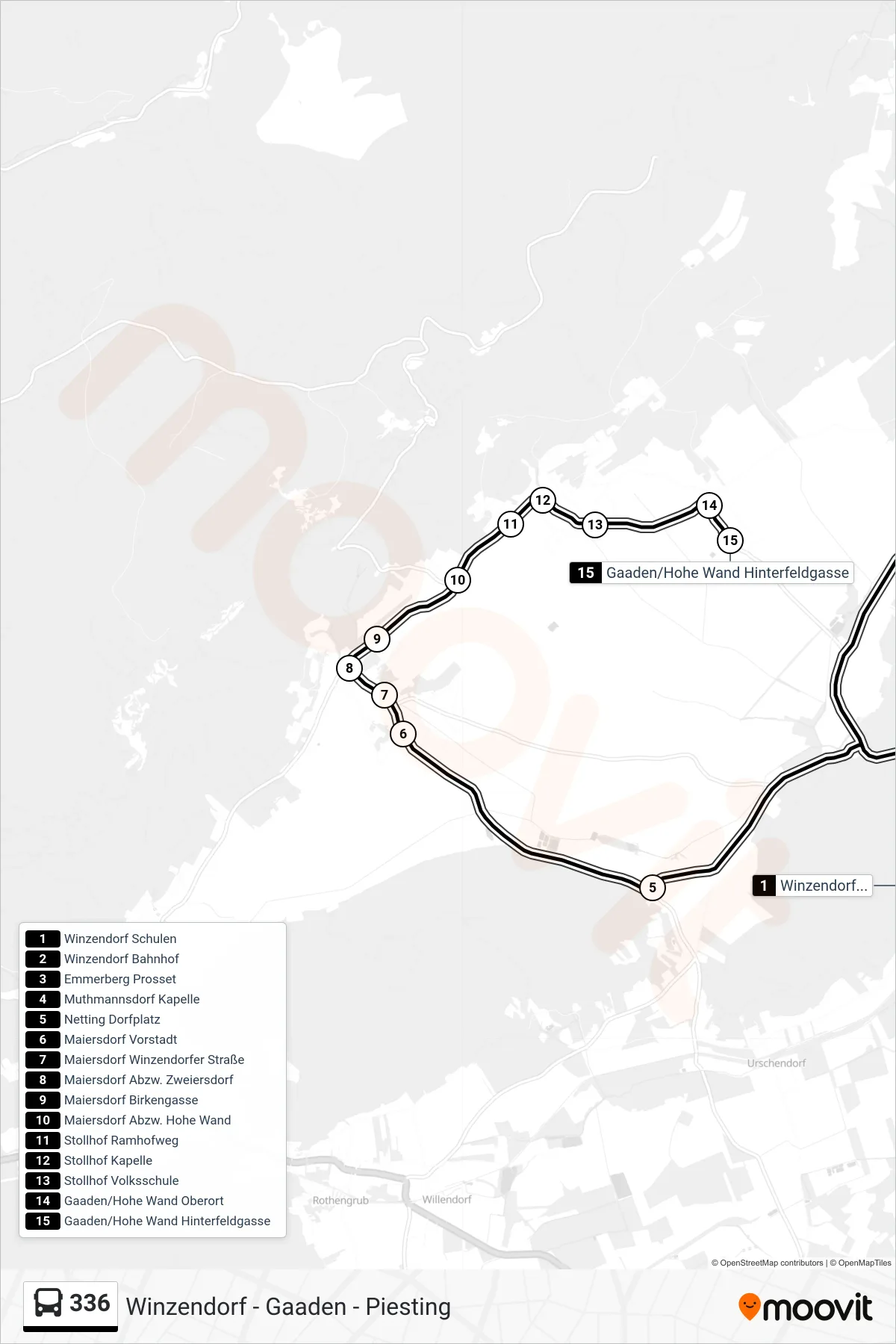 336 bus Line (Gaaden/Hohe Wand Hinterfeldgasse) route and stops on a map