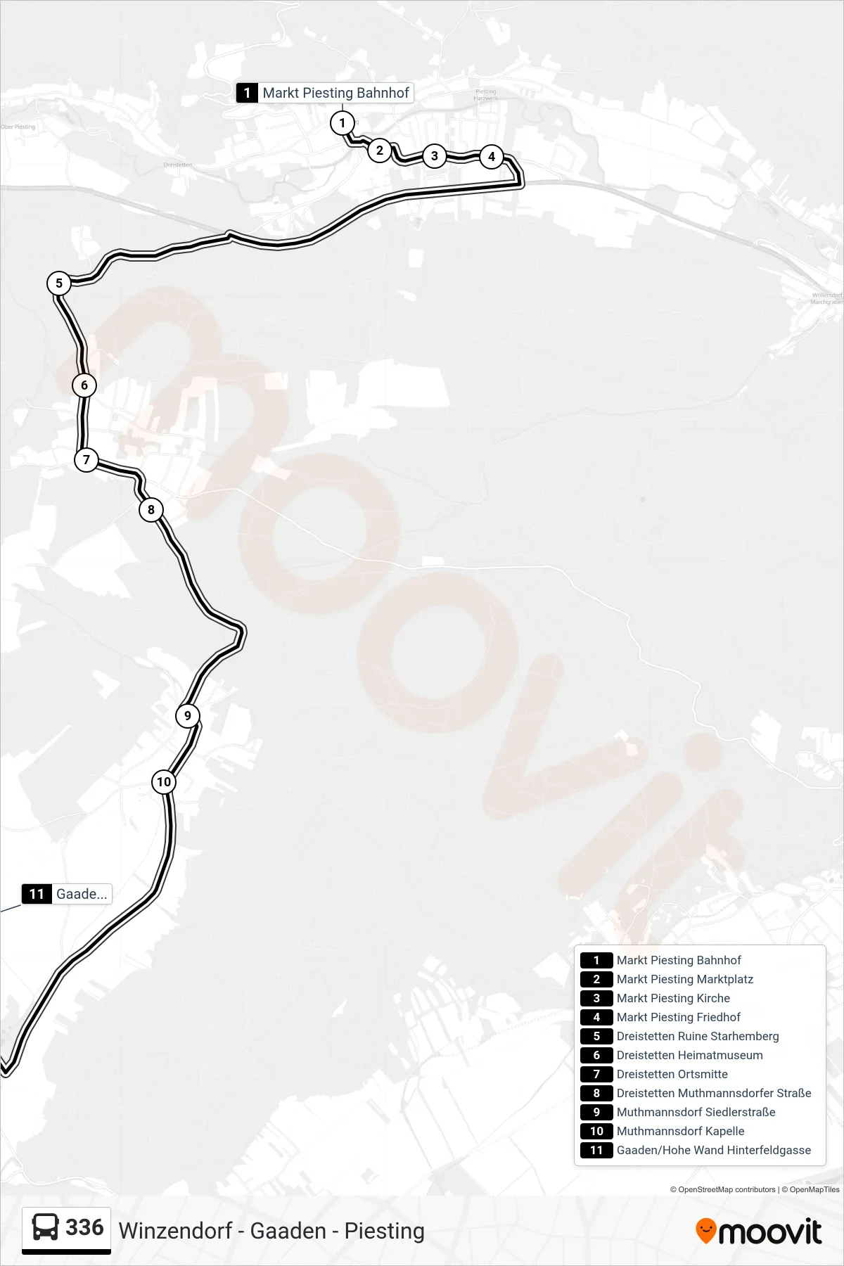 Linie 336 (Bus) Richtung Gaaden/Hohe Wand Hinterfeldgasse: Route und Haltestellen auf der Karte