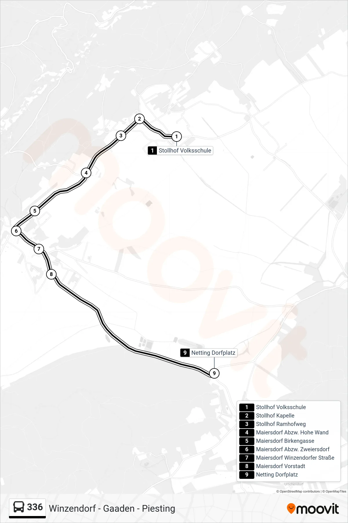 336 bus Line (Netting Dorfplatz) route and stops on a map