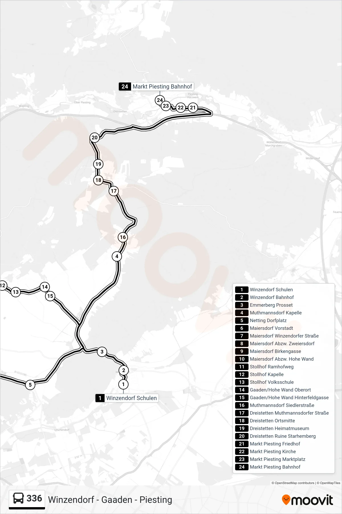 336 bus Line (Markt Piesting Bahnhof) route and stops on a map