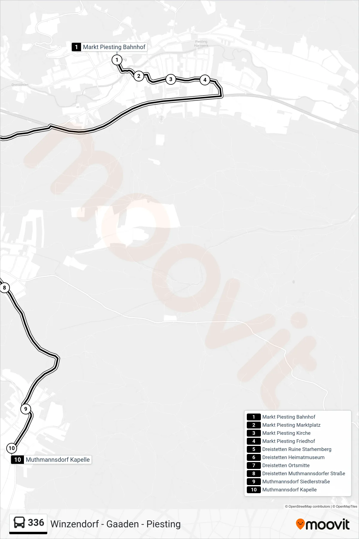 336 bus Line (Muthmannsdorf Kapelle) route and stops on a map