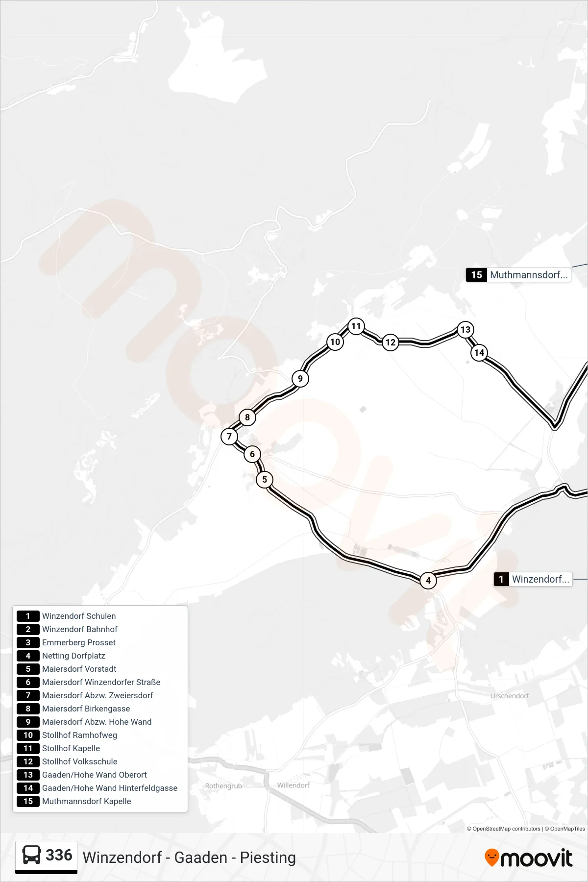 336 bus Line (Muthmannsdorf Kapelle) route and stops on a map