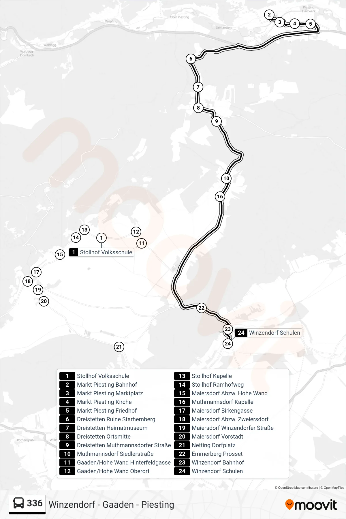 336 bus Line (Winzendorf Schulen) route and stops on a map
