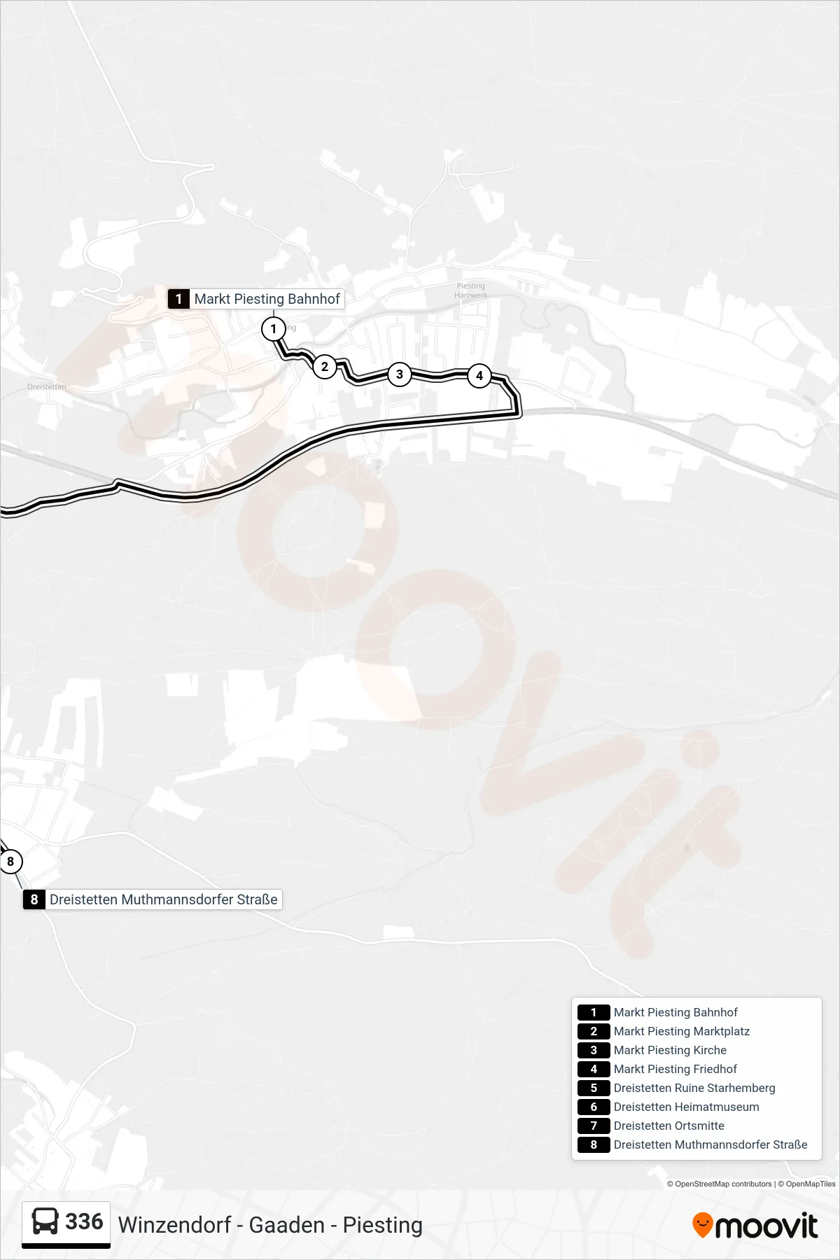 336 bus Line (Dreistetten Muthmannsdorfer Straße) route and stops on a map