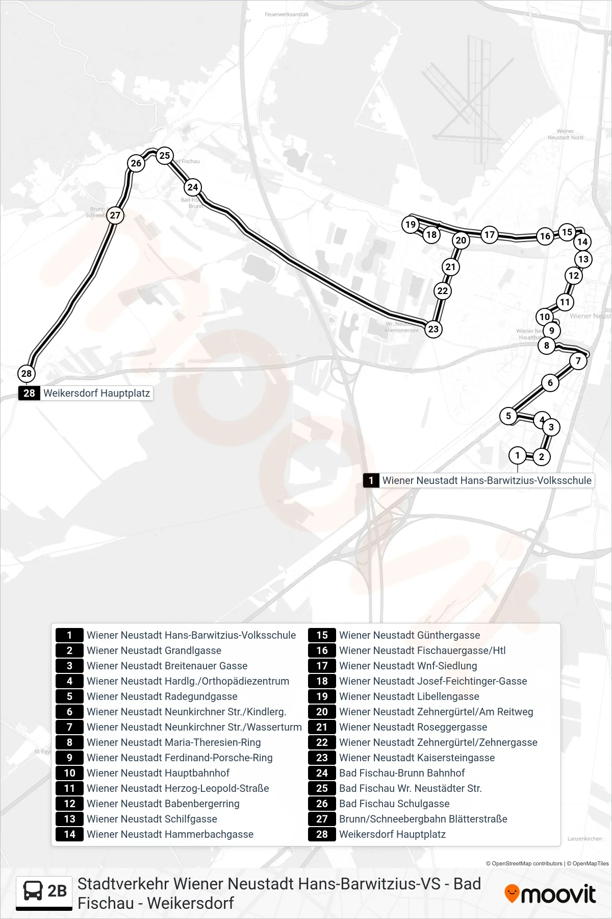 2B bus Line (Weikersdorf Hauptplatz) route and stops on a map