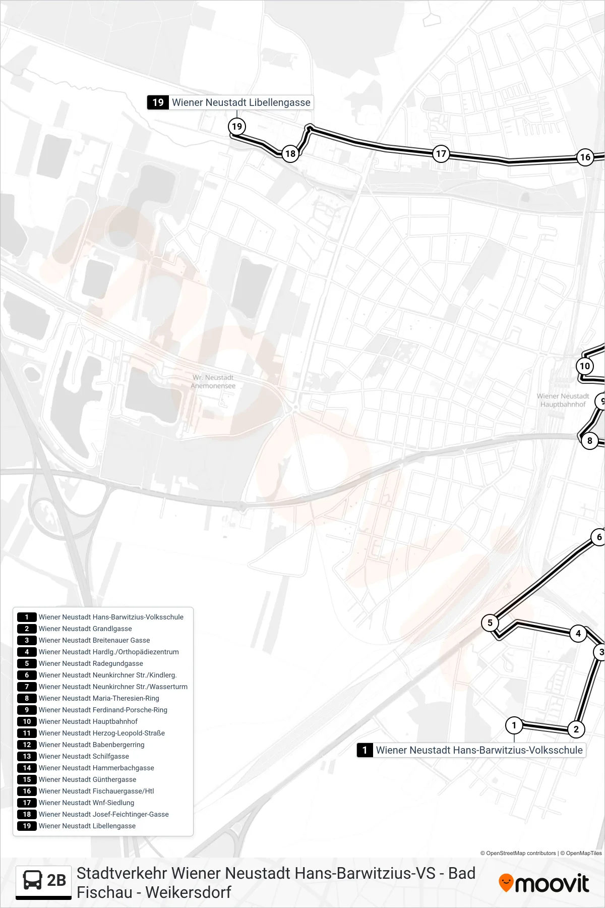 2B bus Line (Wiener Neustadt Libellengasse) route and stops on a map