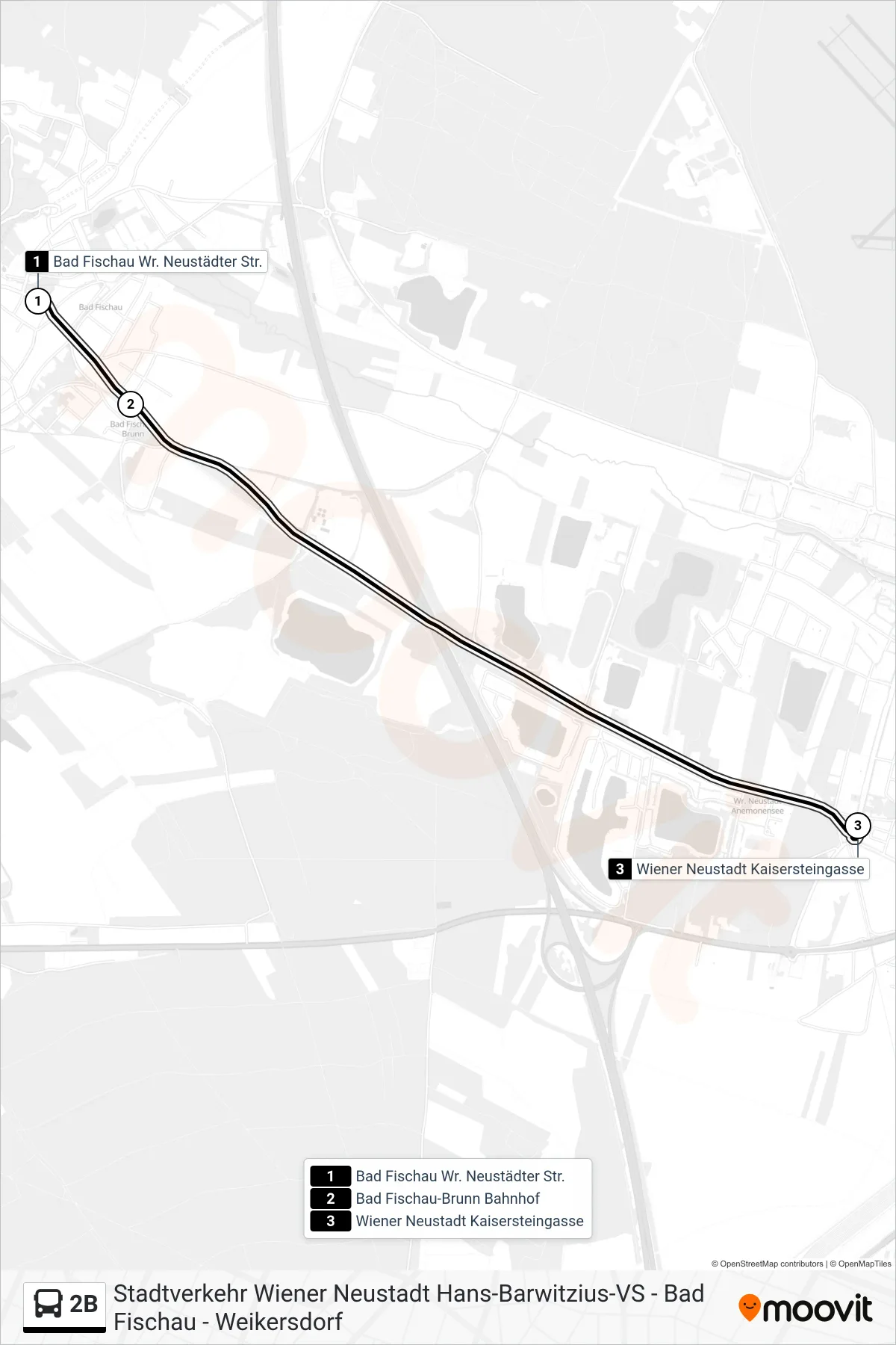 2B bus Line (Wiener Neustadt Kaisersteingasse) route and stops on a map