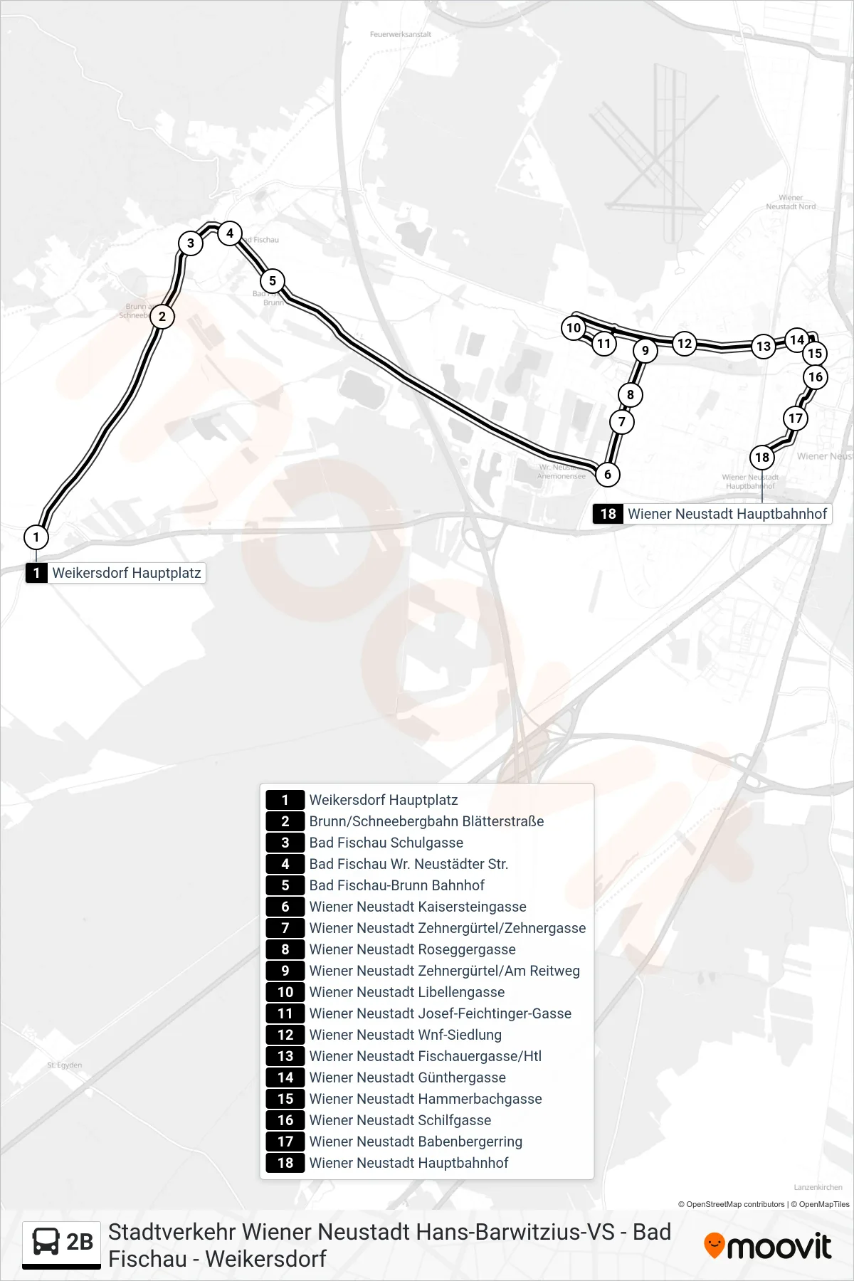 Linie 2B (Bus) Richtung Wiener Neustadt Hauptbahnhof: Route und Haltestellen auf der Karte