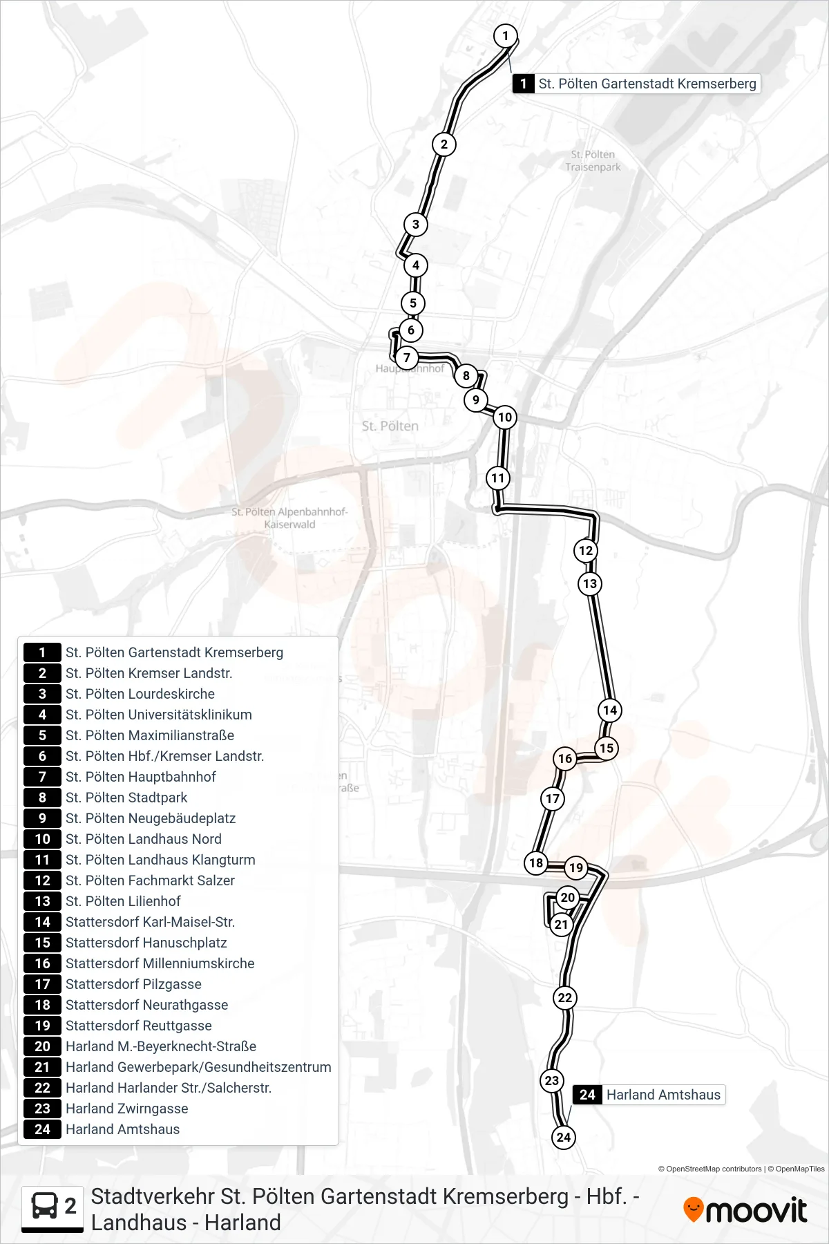 2 bus Line (Harland Amtshaus) route and stops on a map