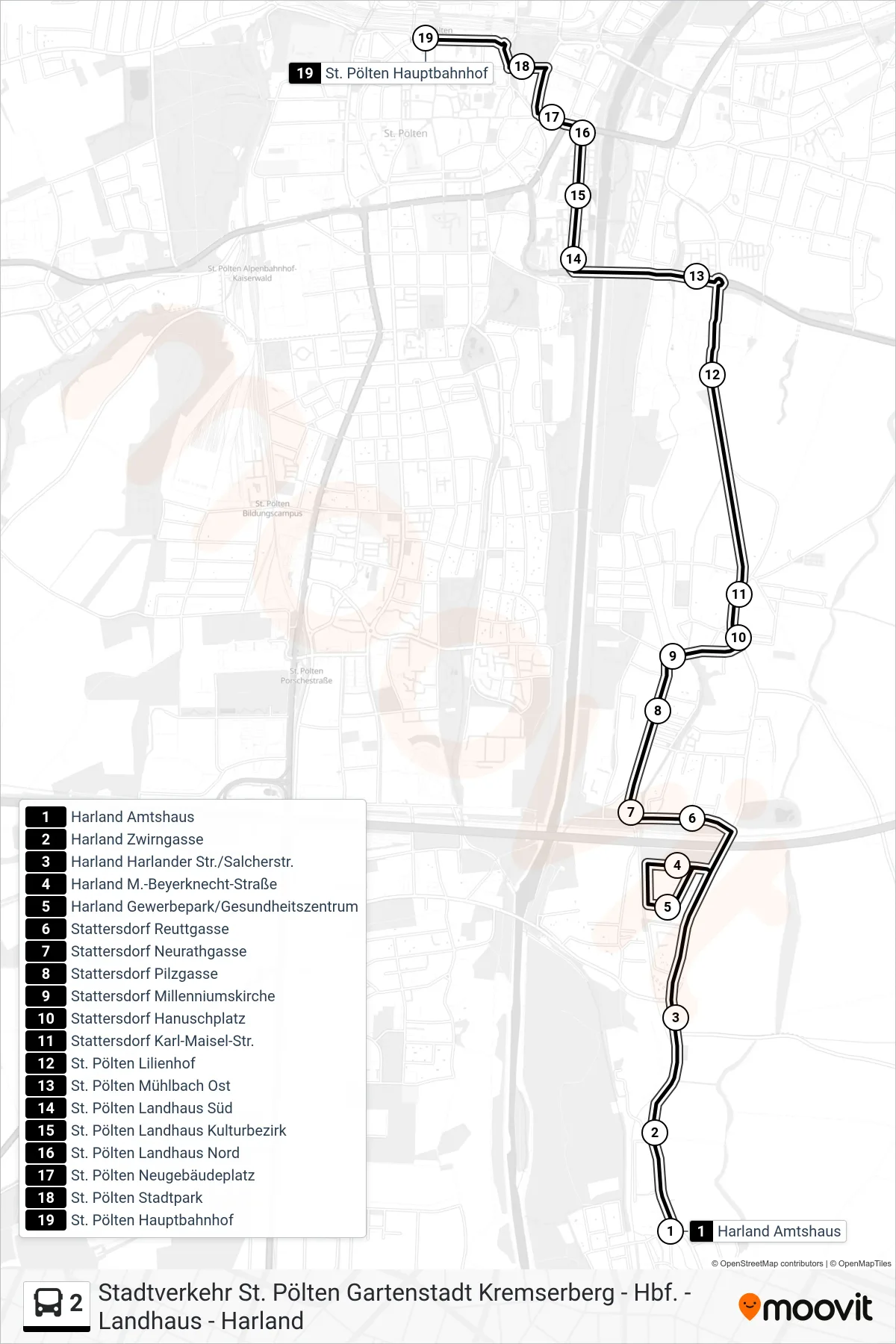 Linie 2 (Bus) Richtung St. Pölten Hauptbahnhof: Route und Haltestellen auf der Karte