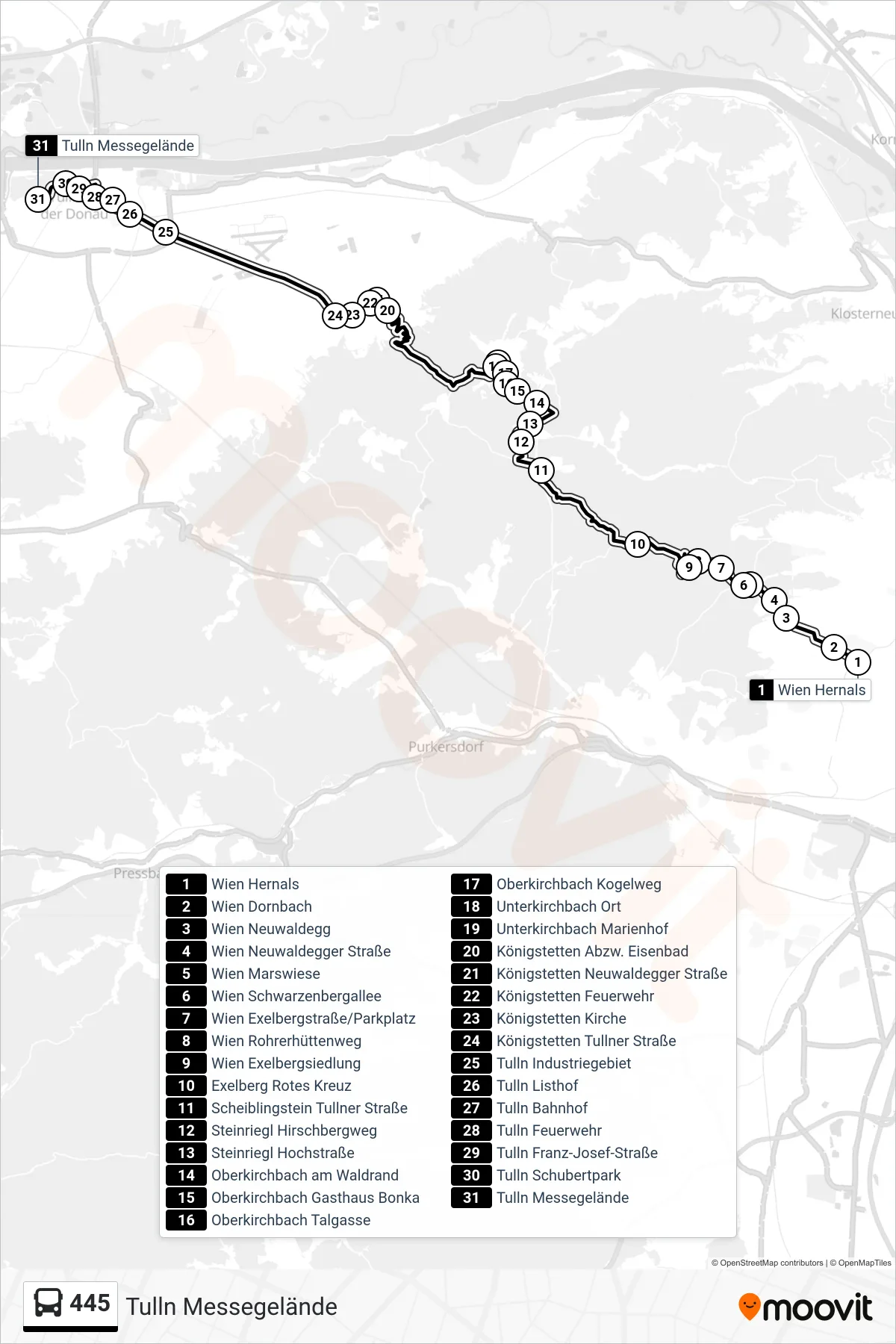 445 bus Line (Tulln Messegelände) route and stops on a map
