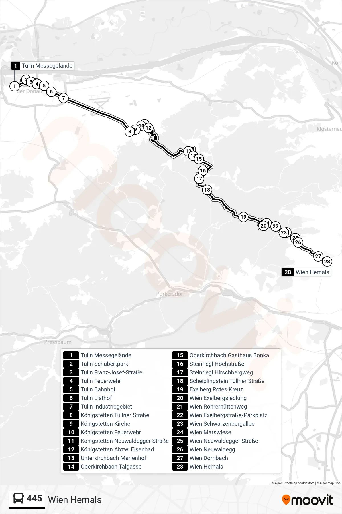 445 bus Line (Wien Hernals) route and stops on a map
