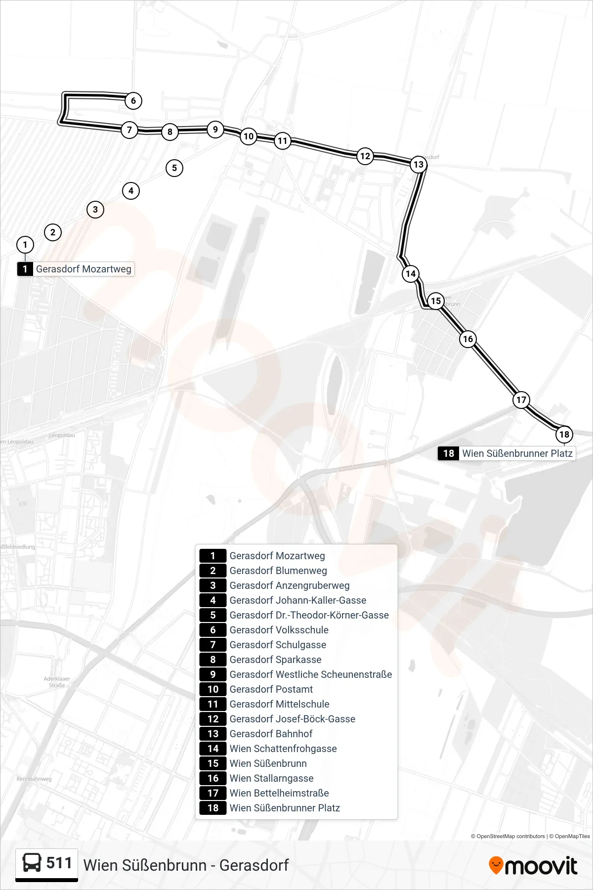 Linie 511 (Bus) Richtung Wien Süßenbrunner Platz: Route und Haltestellen auf der Karte