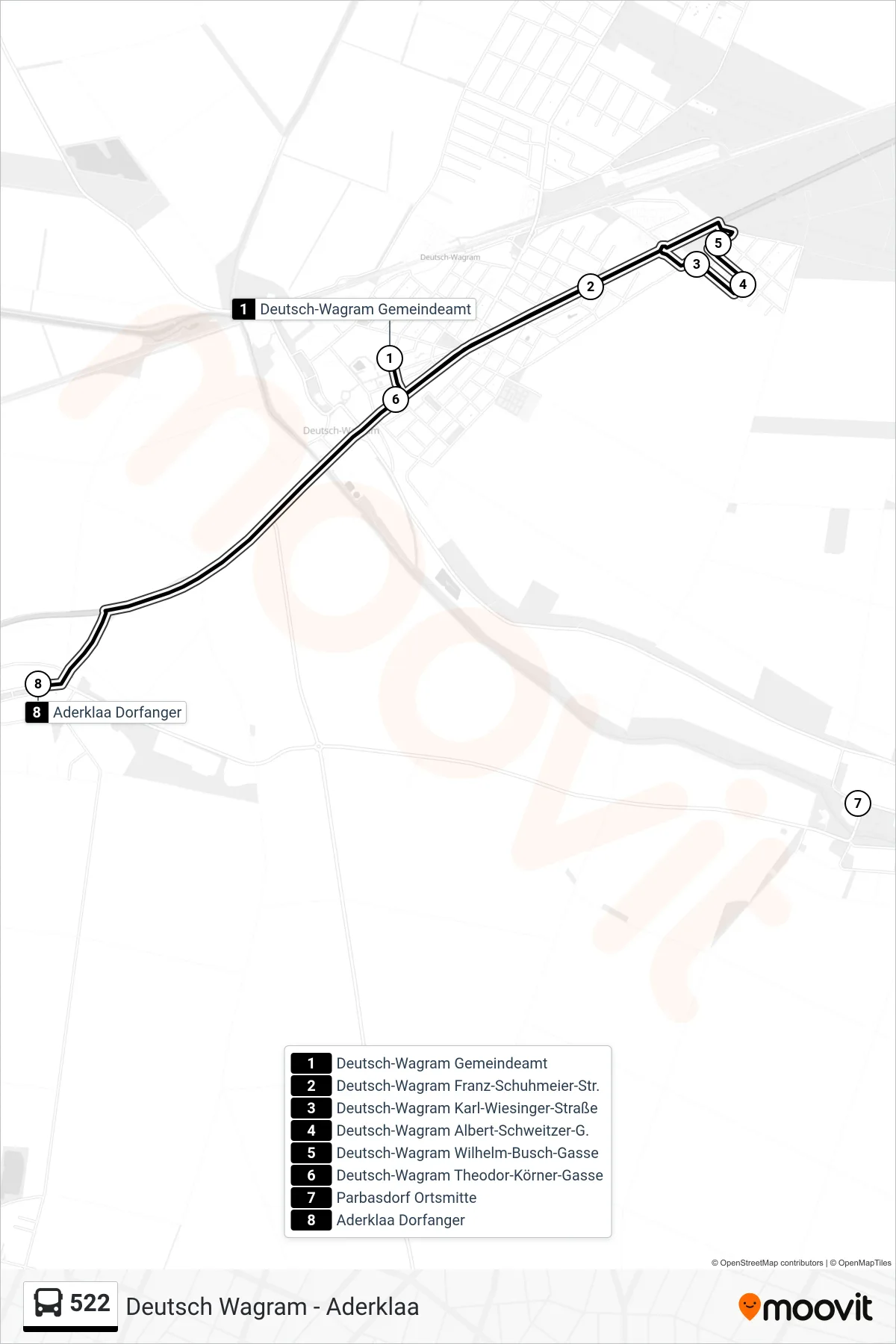 Linie 522 (Bus) Richtung Aderklaa Dorfanger: Route und Haltestellen auf der Karte
