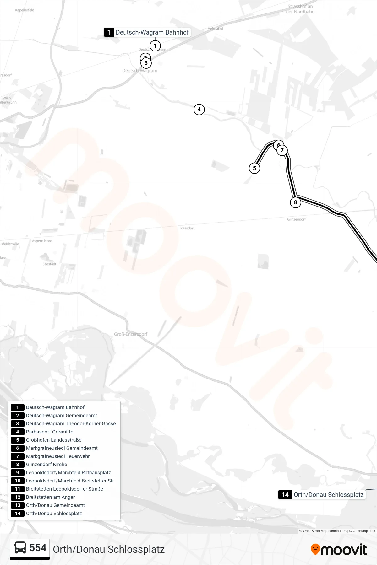 Linie 554 (Bus) Richtung Orth/Donau Schlossplatz: Route und Haltestellen auf der Karte