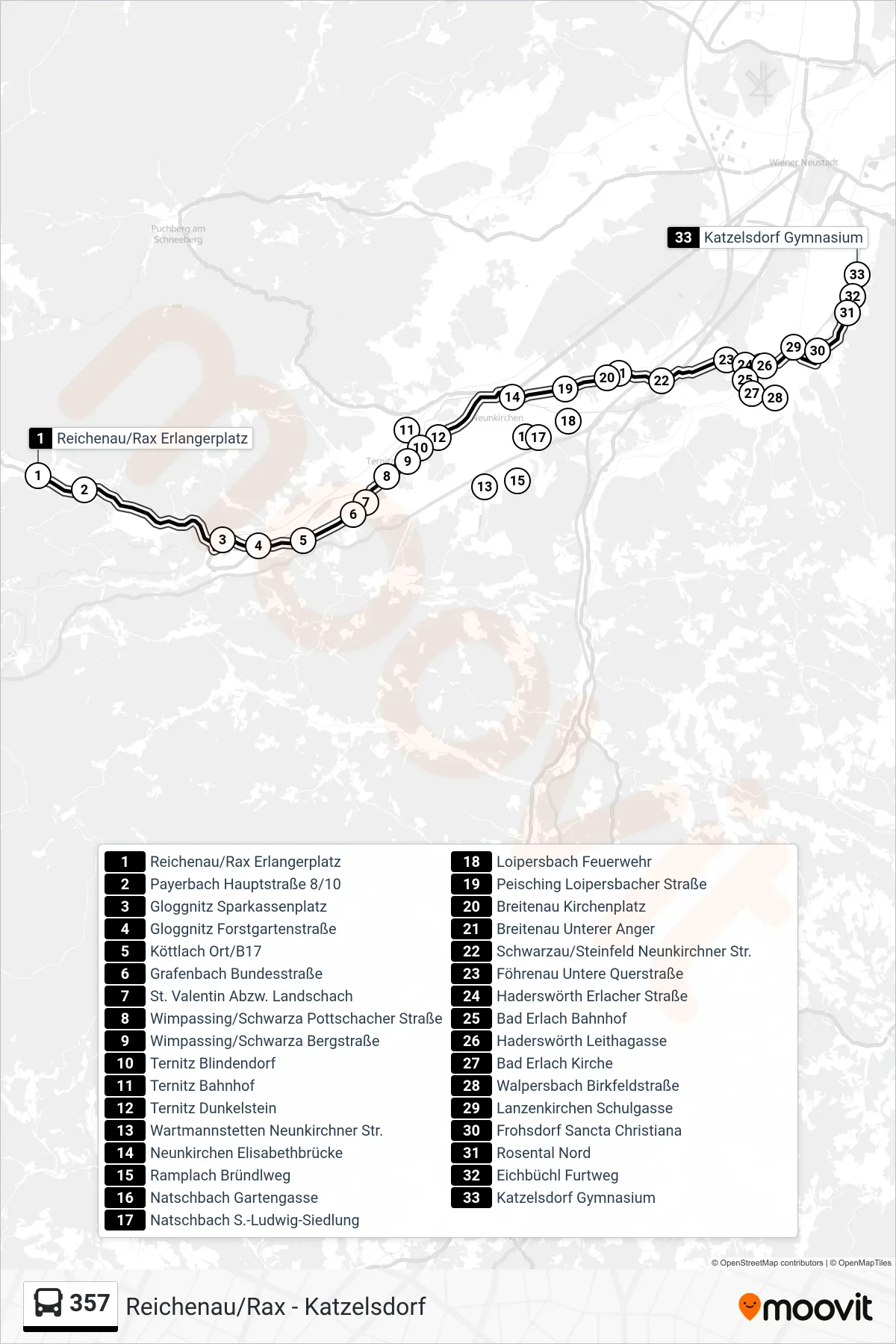 357 bus Line (Katzelsdorf Gymnasium) route and stops on a map