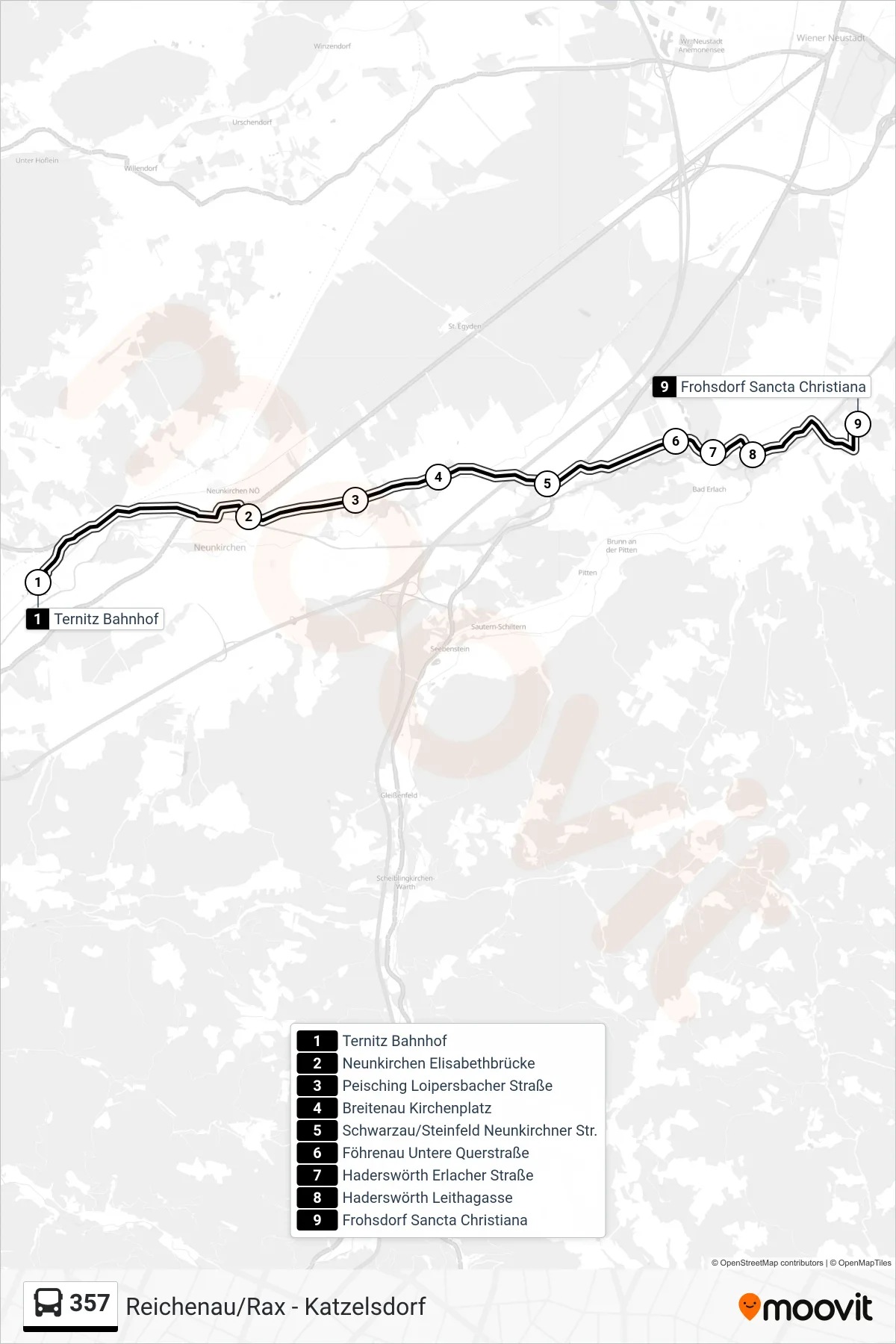 357 bus Line (Frohsdorf Sancta Christiana) route and stops on a map