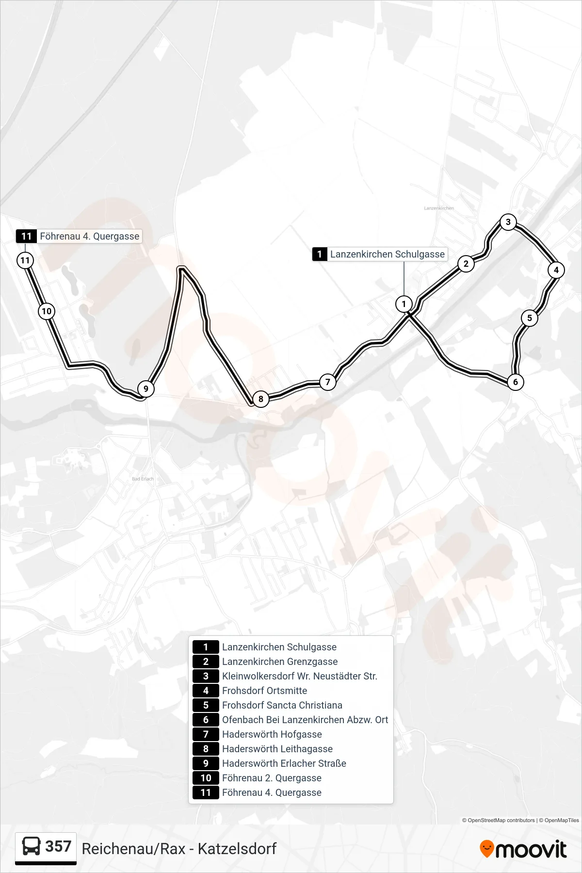 357 bus Line (Föhrenau 4. Quergasse) route and stops on a map