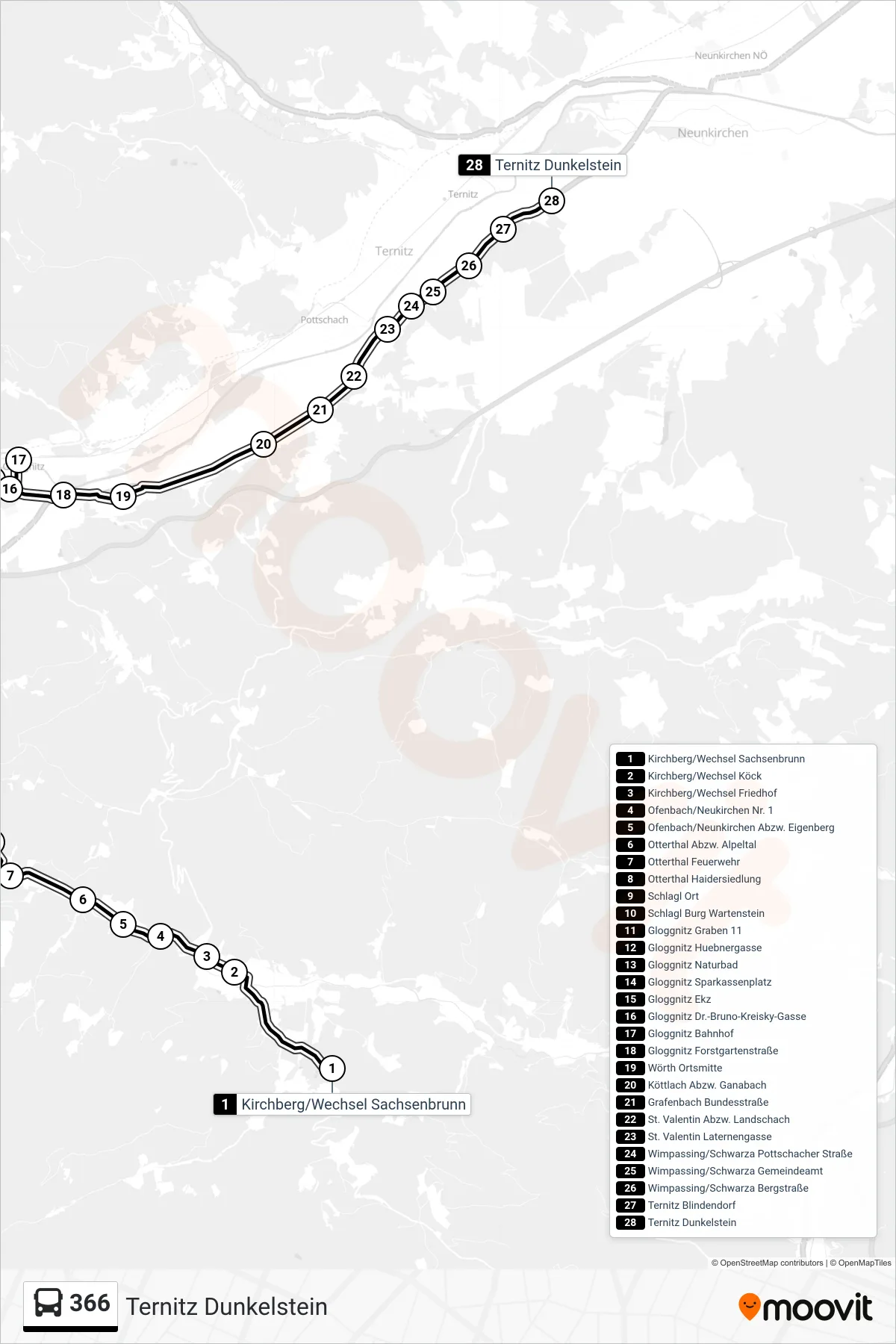 366 bus Line (Ternitz Dunkelstein) route and stops on a map