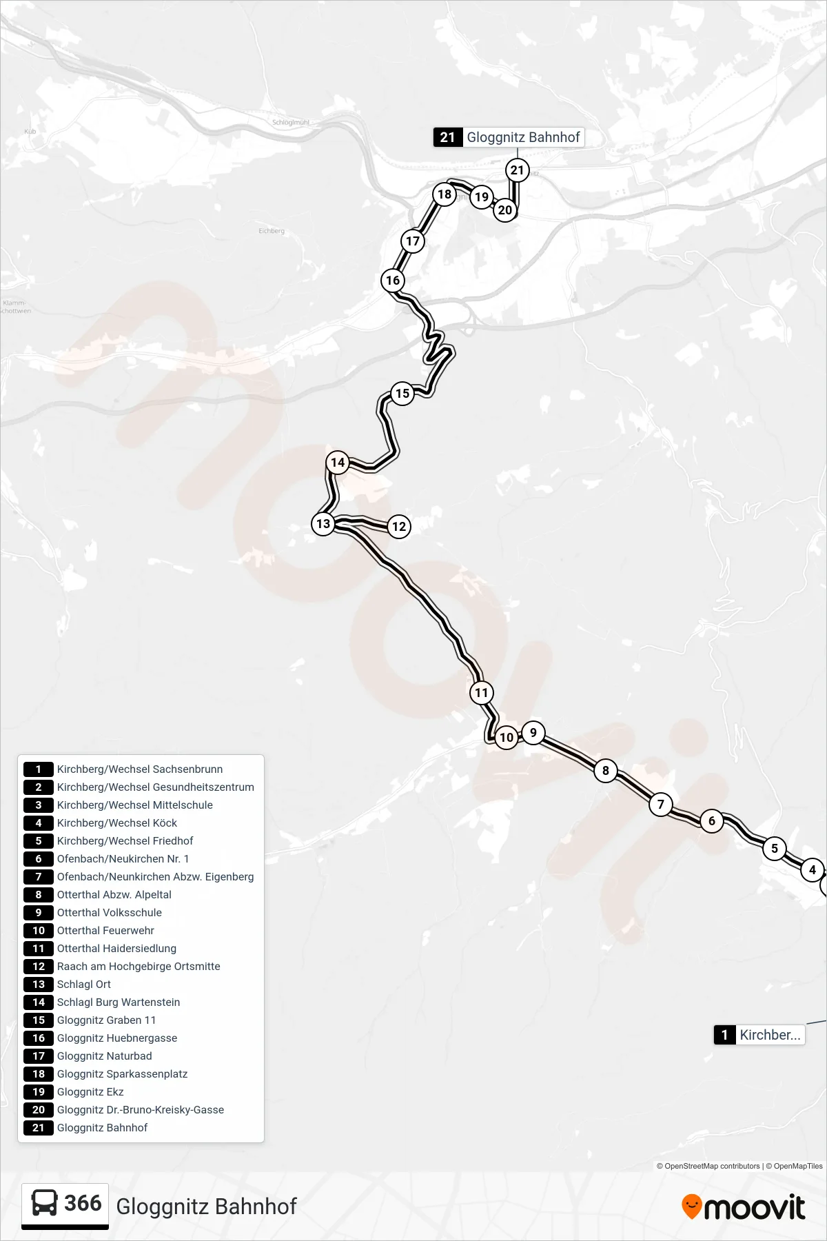 366 bus Line (Gloggnitz Bahnhof) route and stops on a map